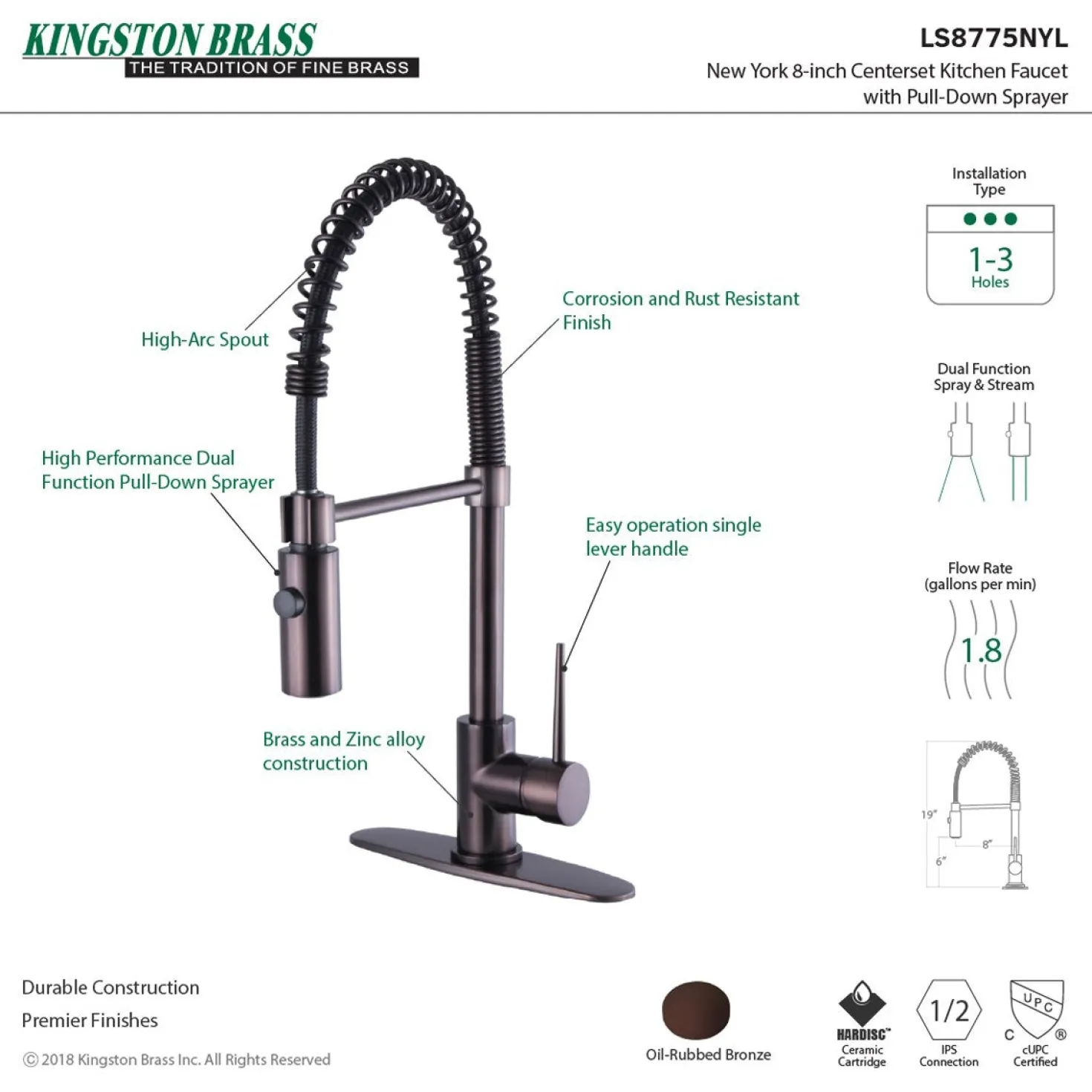 Kingston Brass New York Gourmetier Single-Handle Pull-Down Kitchen Faucet