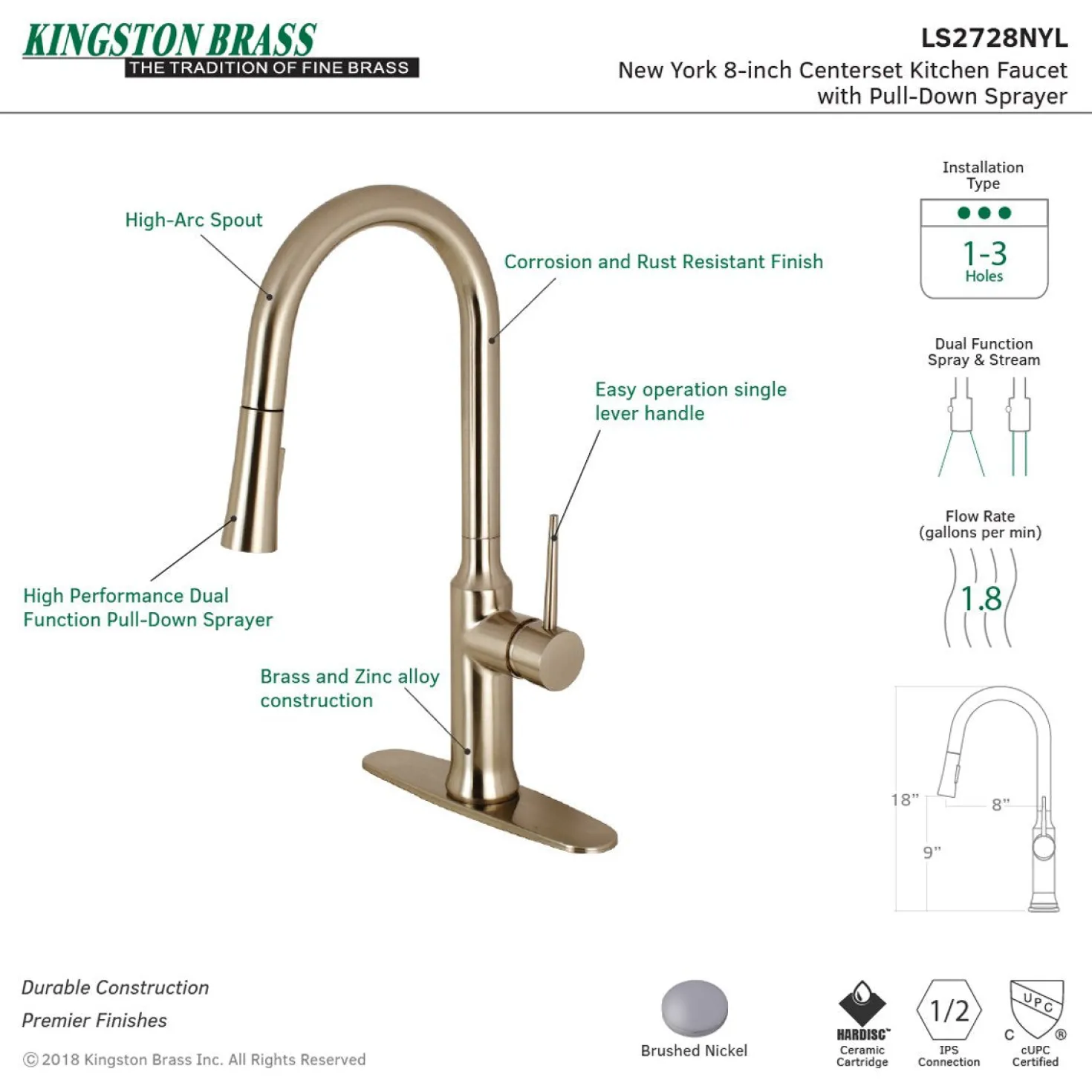Kingston Brass New York Gourmetier Deck Mount Single-Handle Pull-Down Kitchen Faucet