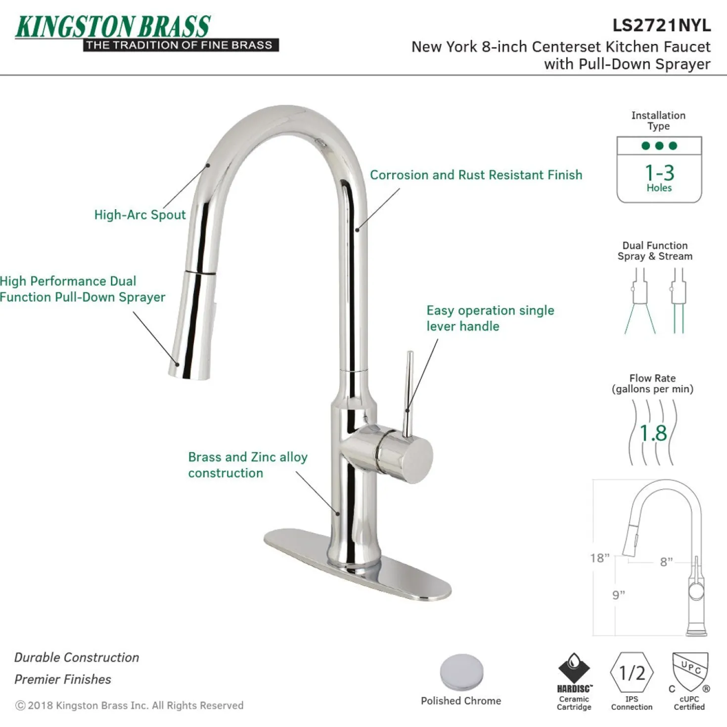 Kingston Brass New York Gourmetier Deck Mount Single-Handle Pull-Down Kitchen Faucet