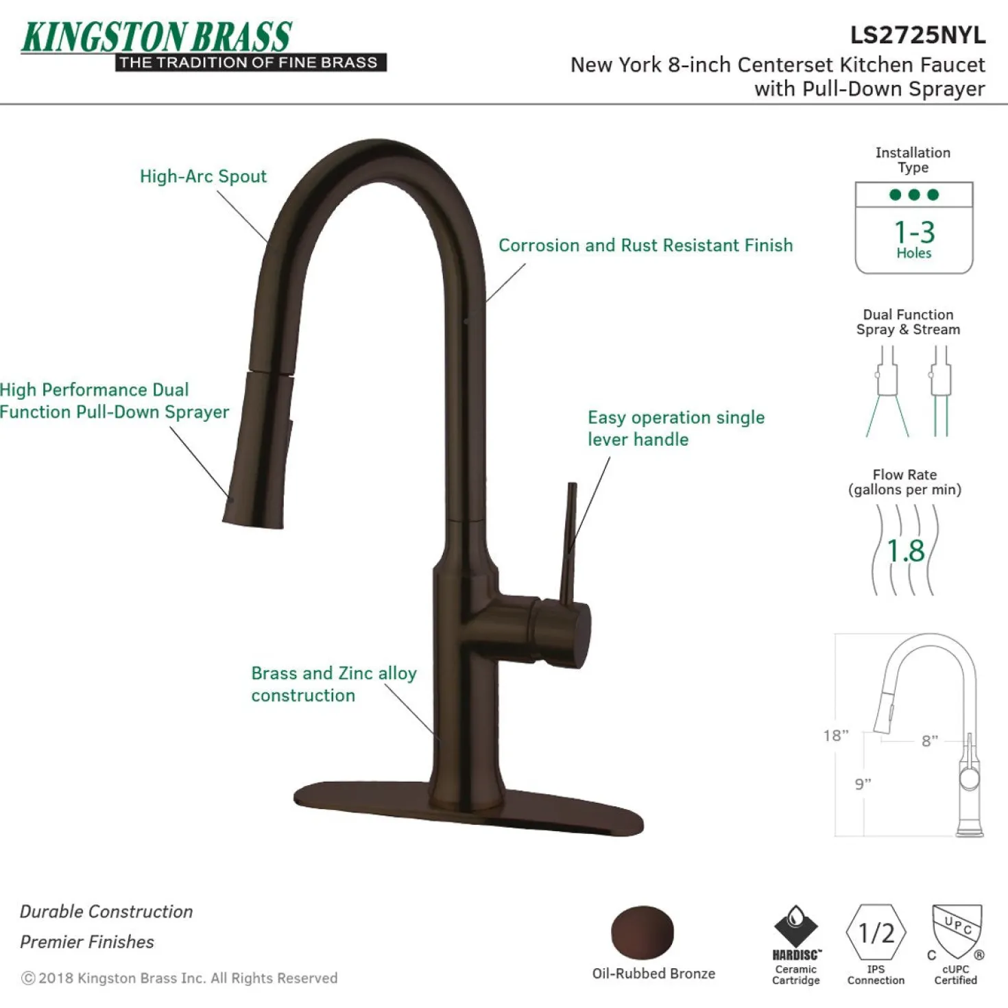 Kingston Brass New York Gourmetier Deck Mount Single-Handle Pull-Down Kitchen Faucet