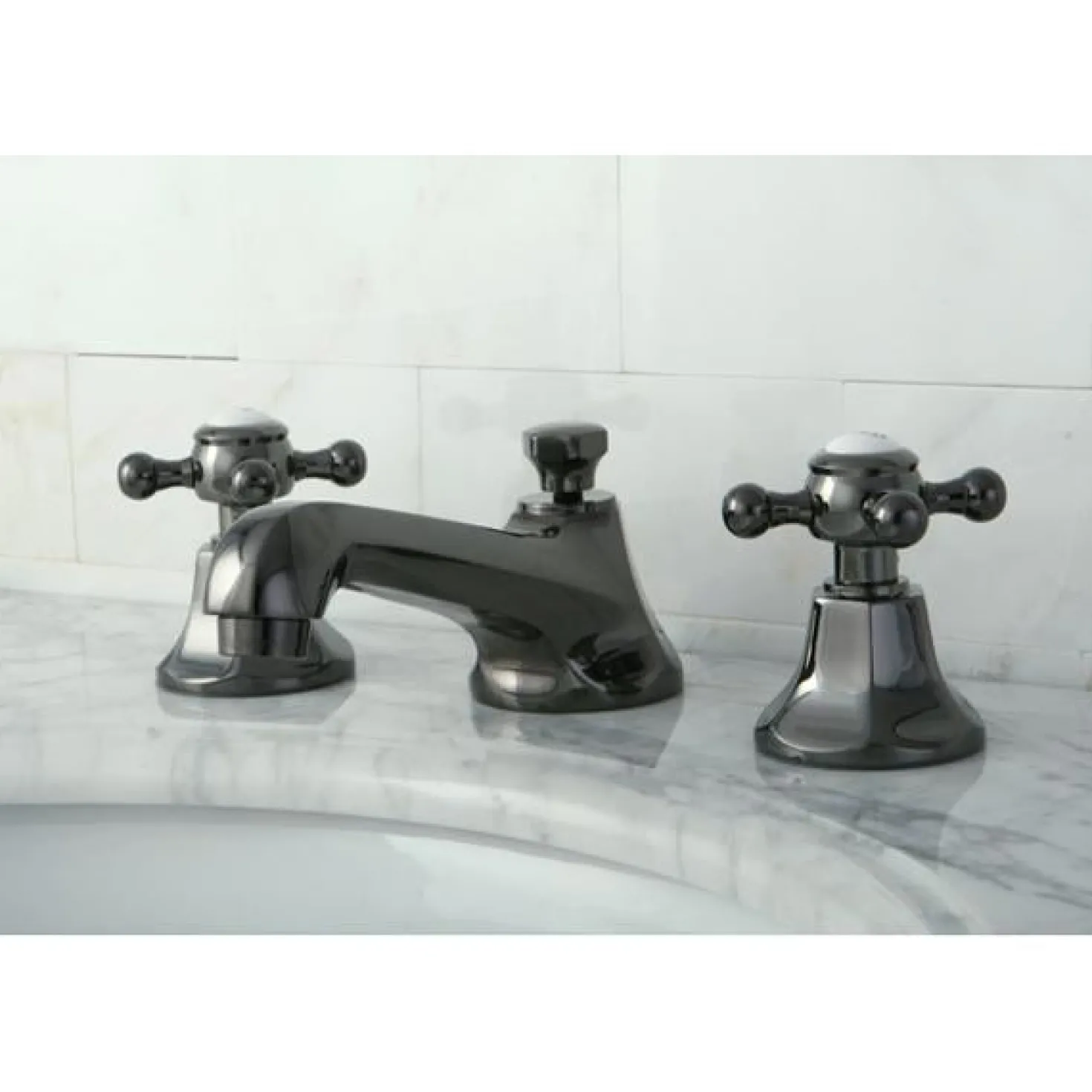 Kingston Brass NS4460BX Water Onyx Widespread Lavatory Faucet with Cross Handles and Brass Pop up Drain in Black Nickel