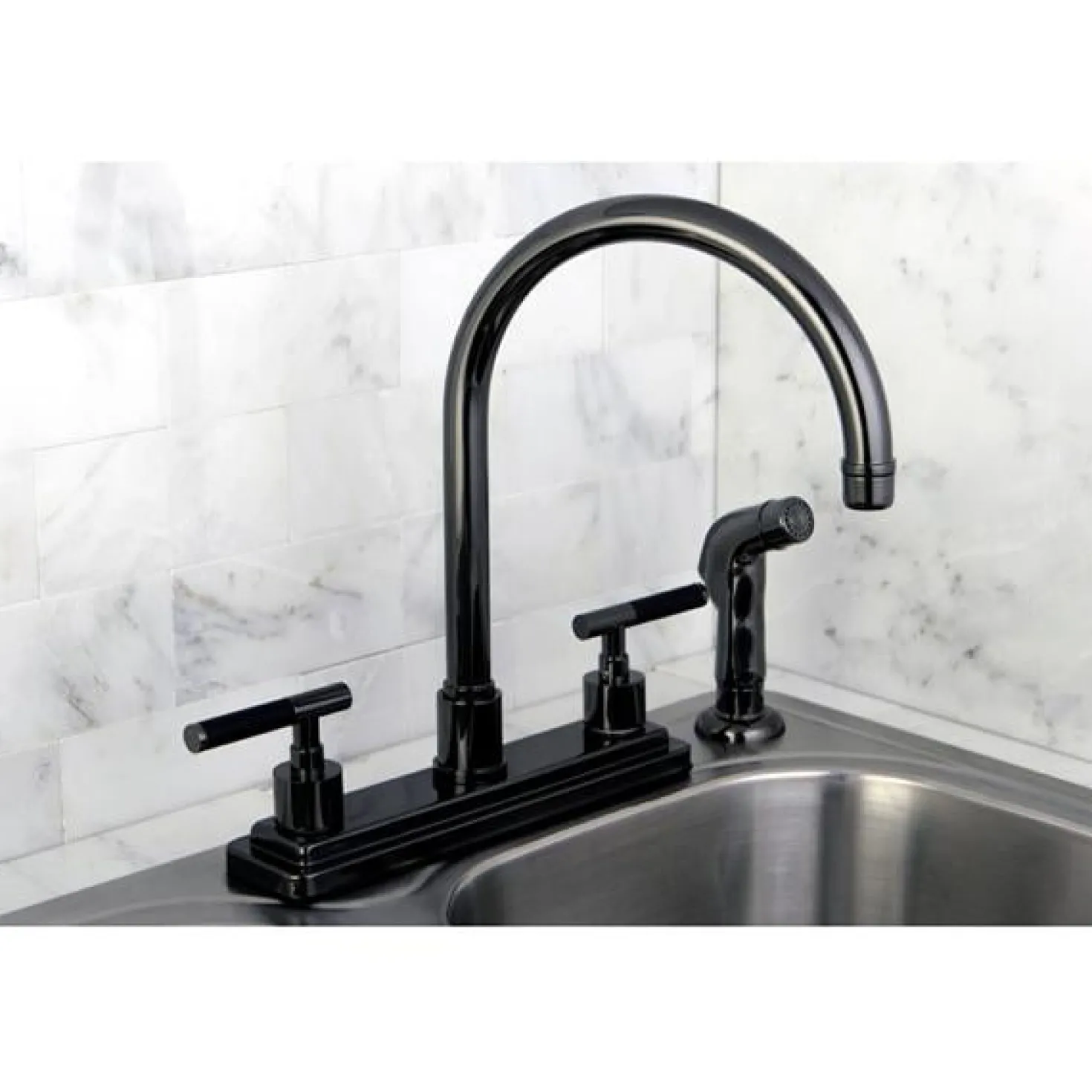Kingston Brass NS8790DKLSP Water Onyx 8 inch Centerset Kitchen Faucet with Lever Handles and Matching Side Sprayer in Black Nickel