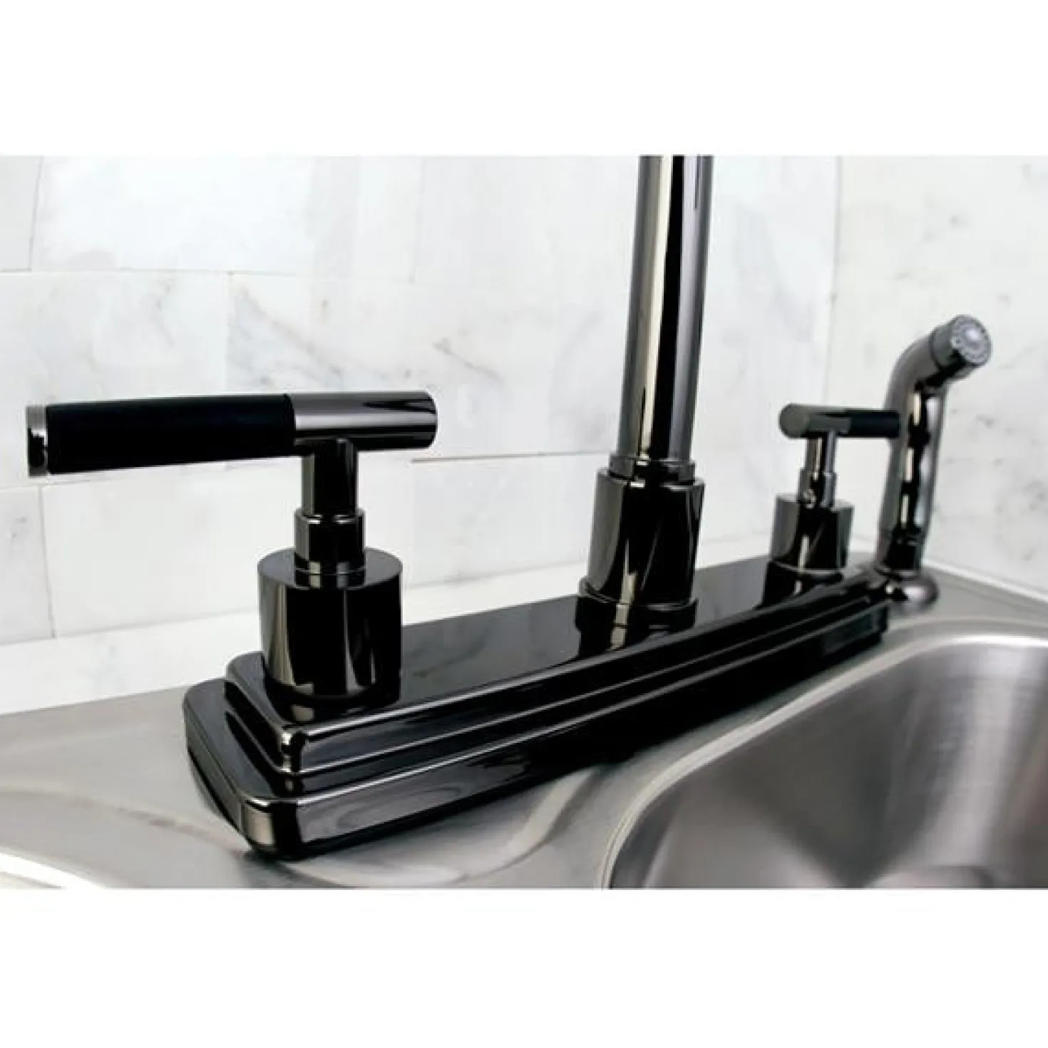 Kingston Brass NS8790DKLSP Water Onyx 8 inch Centerset Kitchen Faucet with Lever Handles and Matching Side Sprayer in Black Nickel