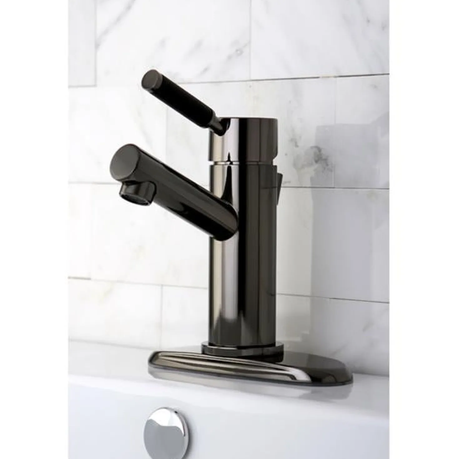 Kingston Brass NS8420DKL Water Onyx Single Handle Lavatory Faucet with Anti-Slide Handle Sleeve and Brass Pop up Drain in Black Nickel