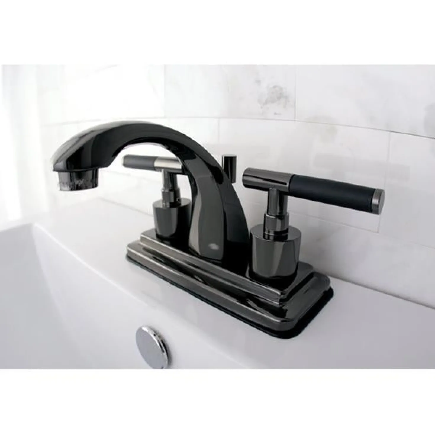 Kingston Brass NS4640DKL Water Onyx 4 Inch Centerset Lavatory Faucet with Brass Pop up Drain in Black Nickel