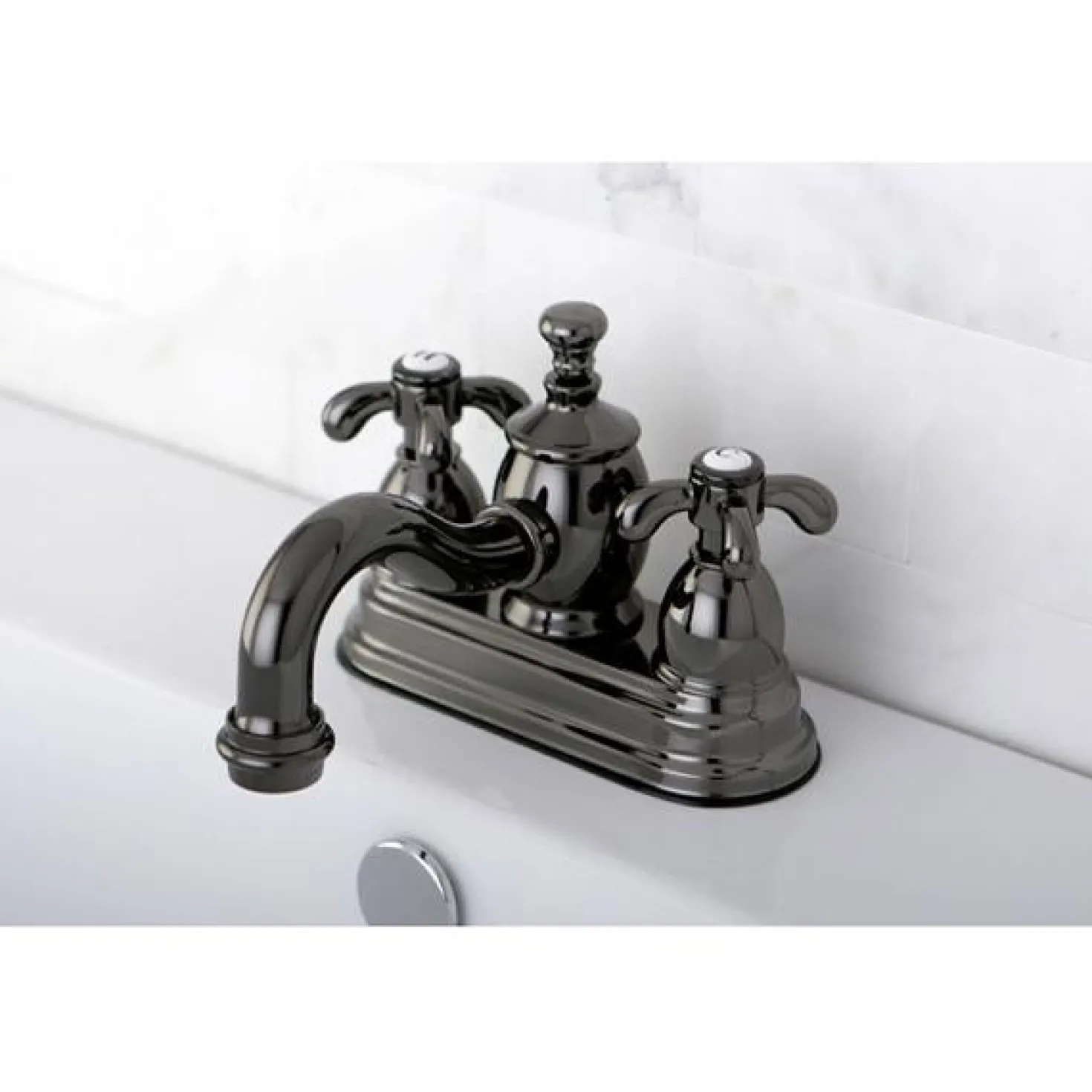 Kingston Brass NS7100TX Water Onyx 4 inch Centerset Lavatory Faucet with Cross Handles and Brass Pop up Drain in Black Nickel