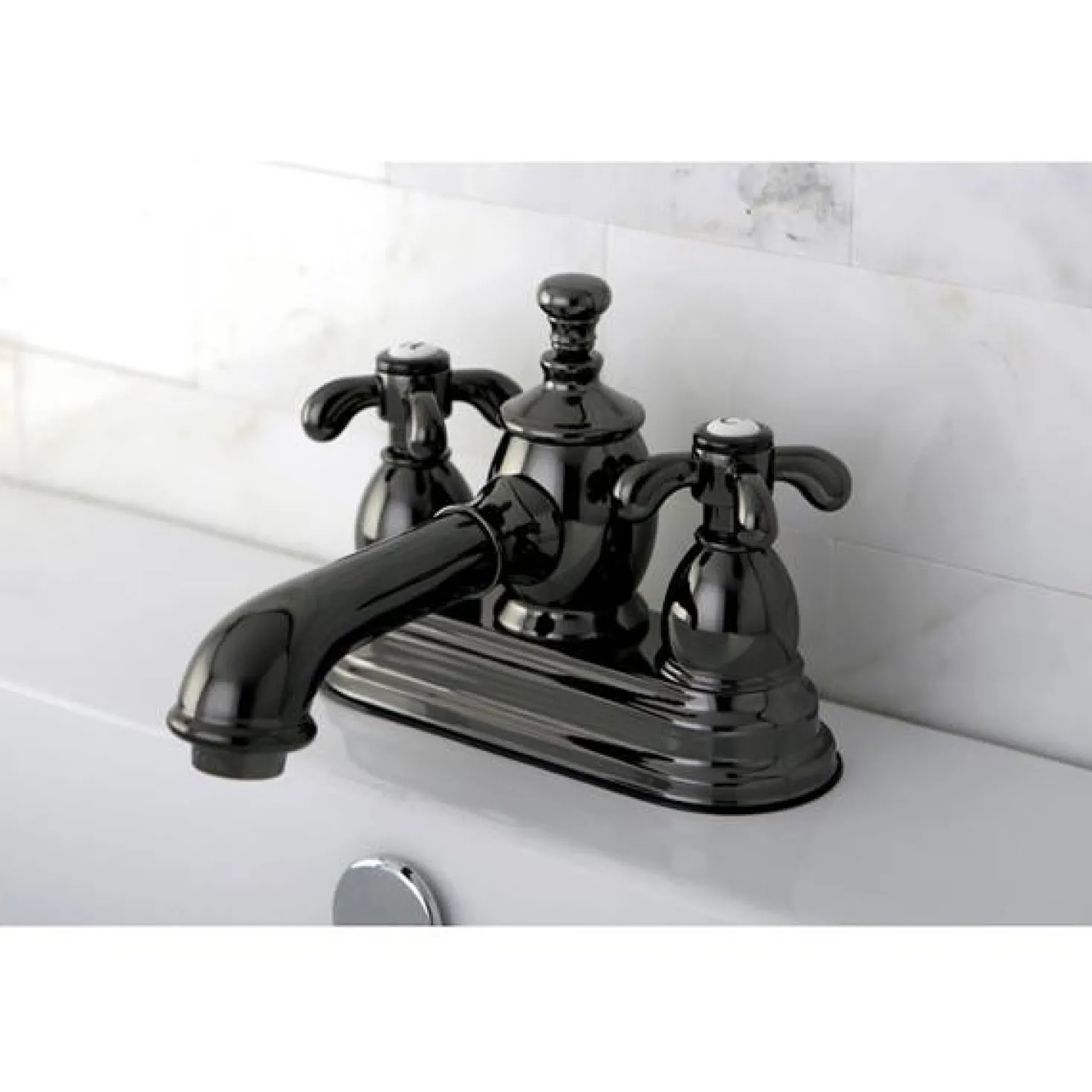 Kingston Brass NS7000TX Water Onyx 4 Inch Centerset Lavatory Faucet with Cross Handles and Brass Pop up Drain in Black Nickel