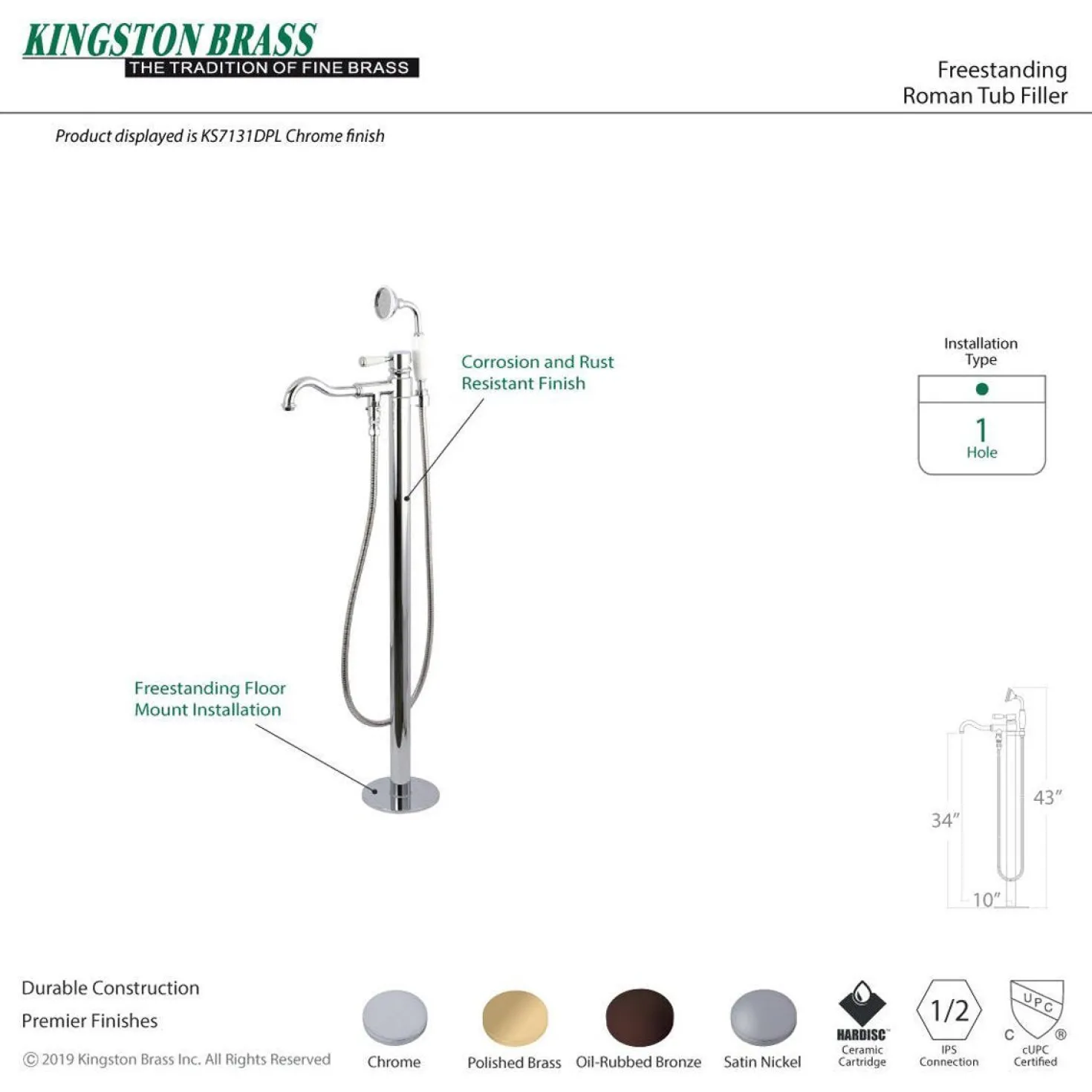 Kingston Brass Paris Freestanding Tub Faucet with Hand Shower and Single Handle