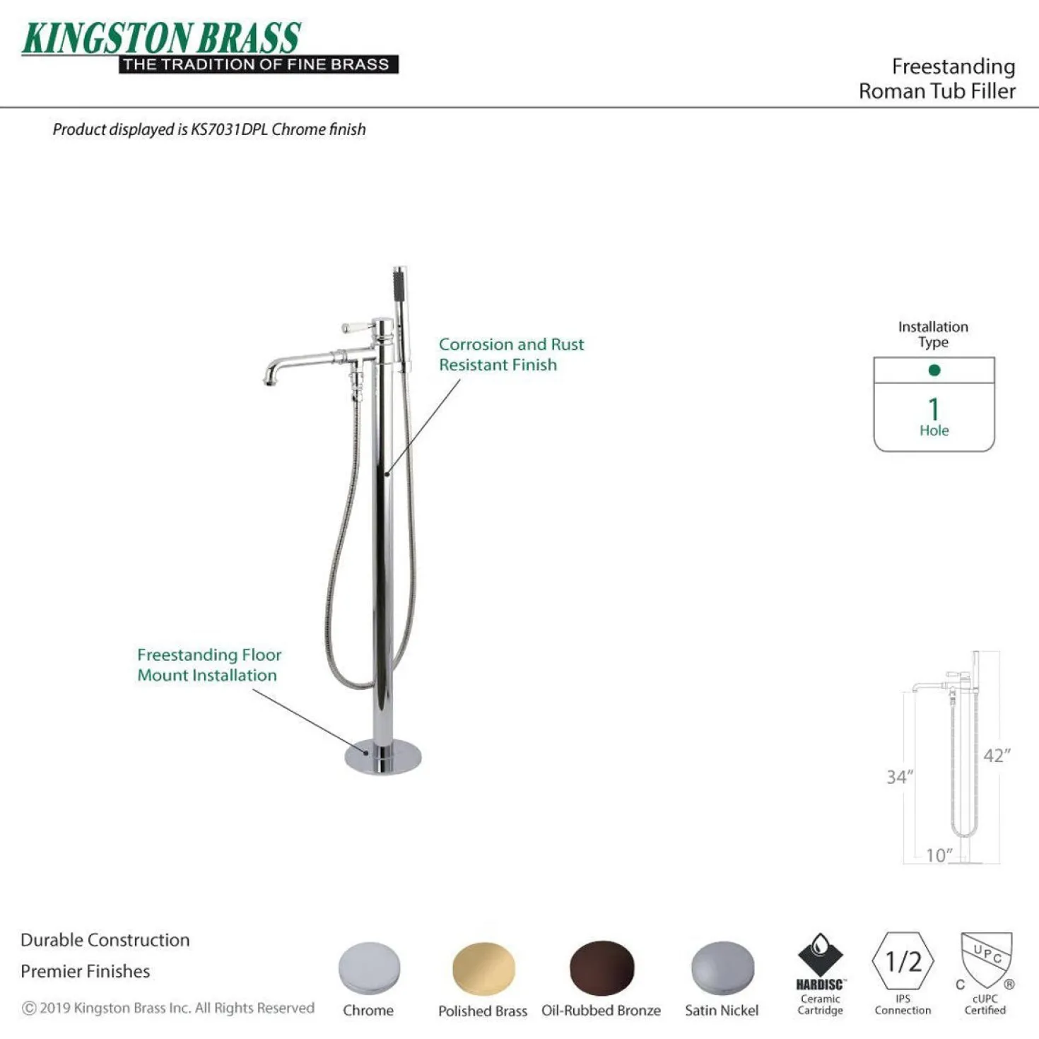 Kingston Brass Paris Single Handle Freestanding Tub Faucet with Hand Shower
