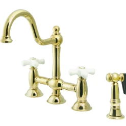 Kingston Brass Restoration Cross-Handle Kitchen Bridge Faucet with Brass Sprayer