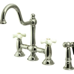 Kingston Brass Restoration Cross-Handle Kitchen Bridge Faucet with Brass Sprayer