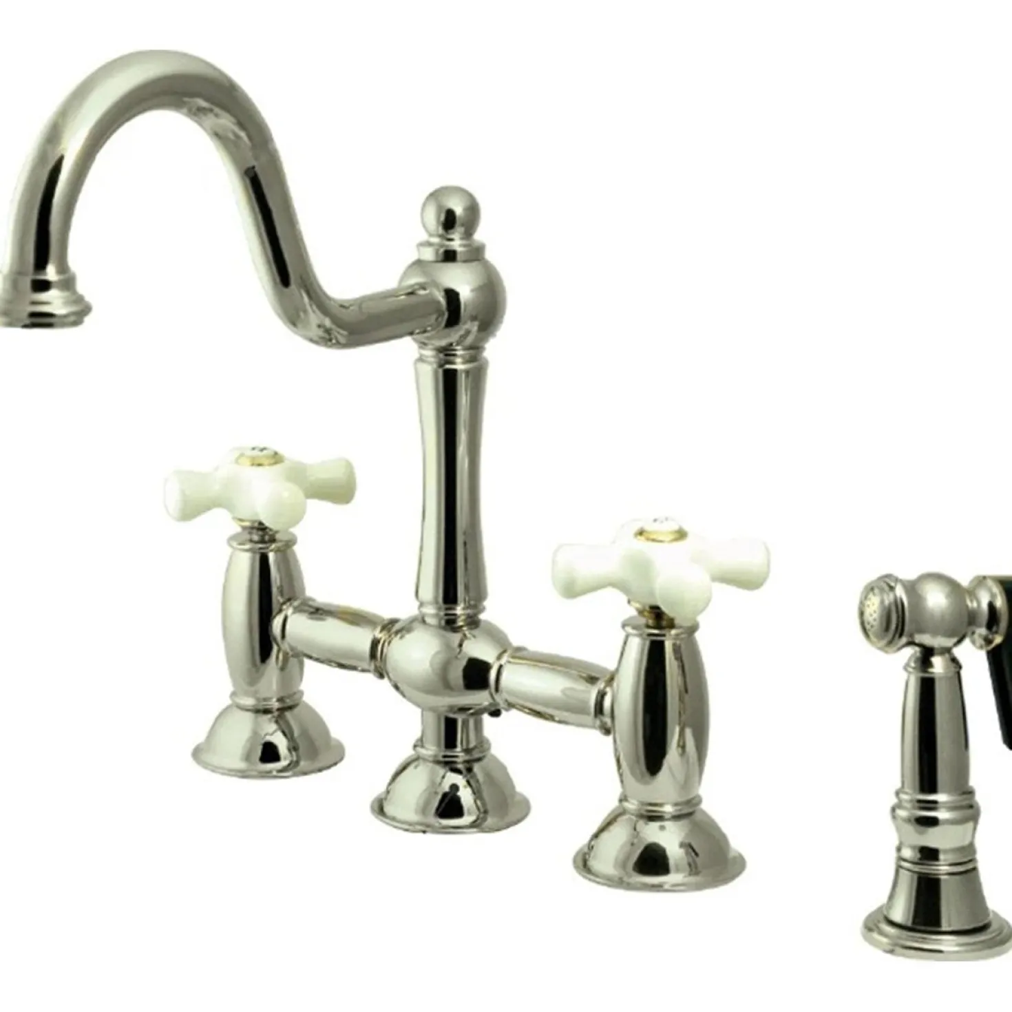 Kingston Brass Restoration Cross-Handle Kitchen Bridge Faucet with Brass Sprayer