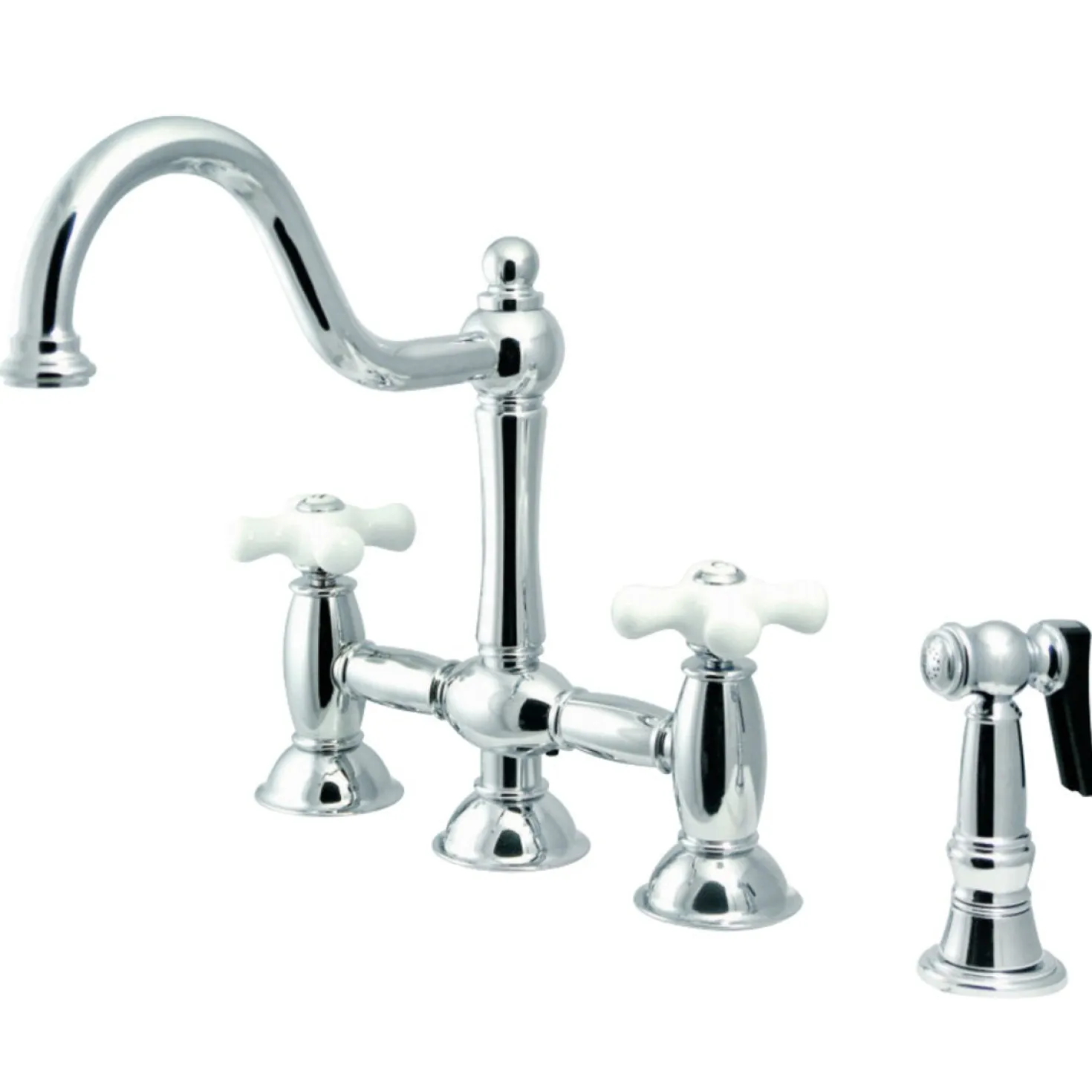 Kingston Brass Restoration Cross-Handle Kitchen Bridge Faucet with Brass Sprayer