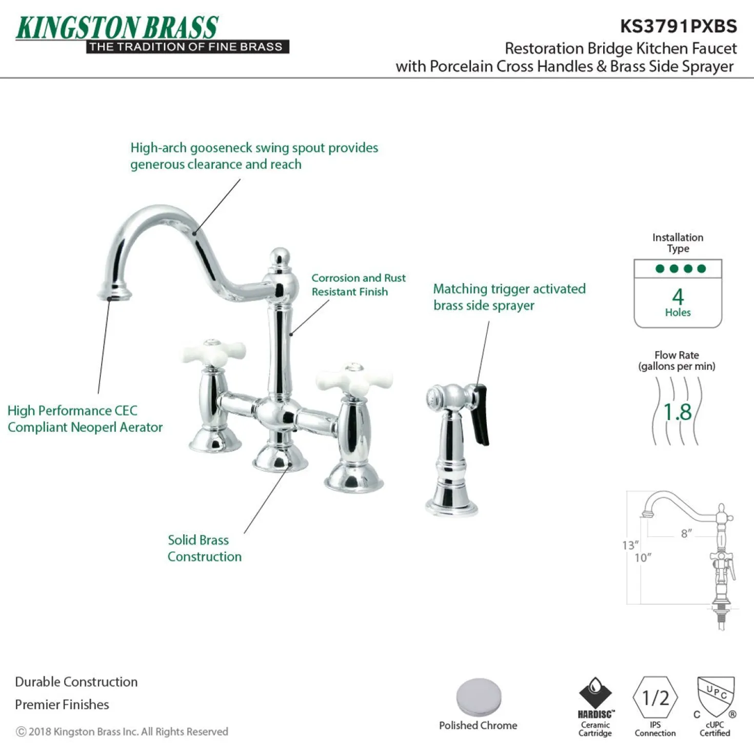 Kingston Brass Restoration Cross-Handle Kitchen Bridge Faucet with Brass Sprayer