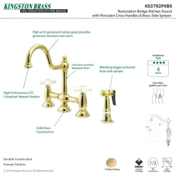Kingston Brass Restoration Cross-Handle Kitchen Bridge Faucet with Brass Sprayer