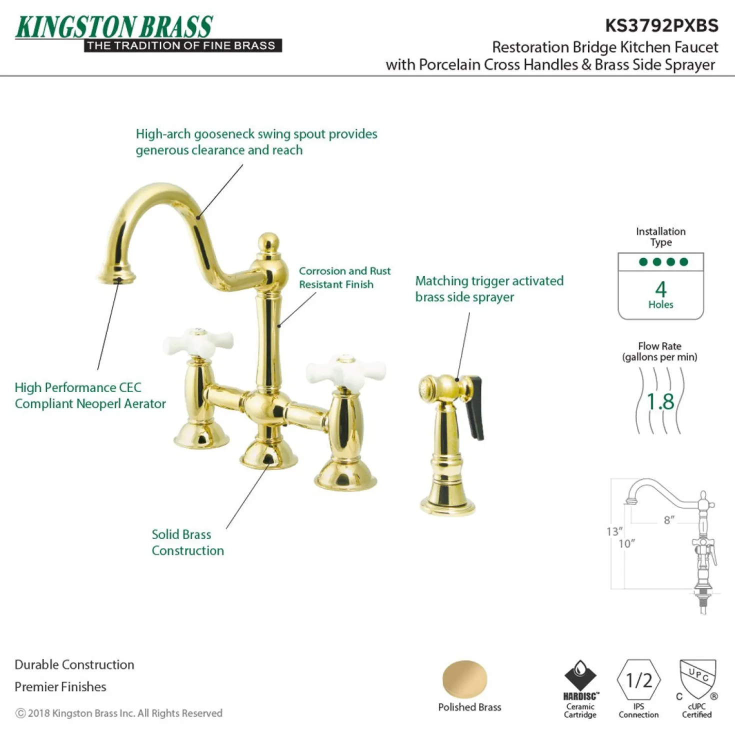 Kingston Brass Restoration Cross-Handle Kitchen Bridge Faucet with Brass Sprayer