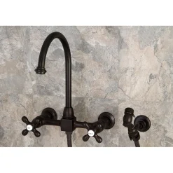 Kingston Brass Restoration 8" Centerset Wall Mount Kitchen Faucet with Brass Sprayer