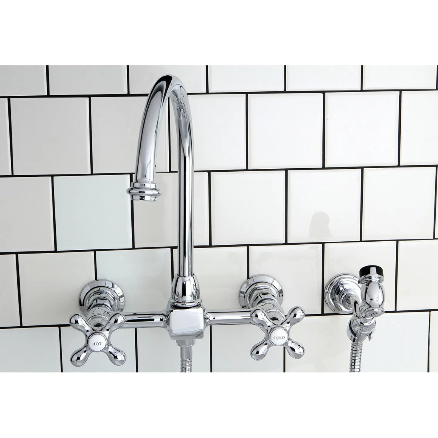 Kingston Brass Restoration 8" Centerset Wall Mount Kitchen Faucet with Brass Sprayer