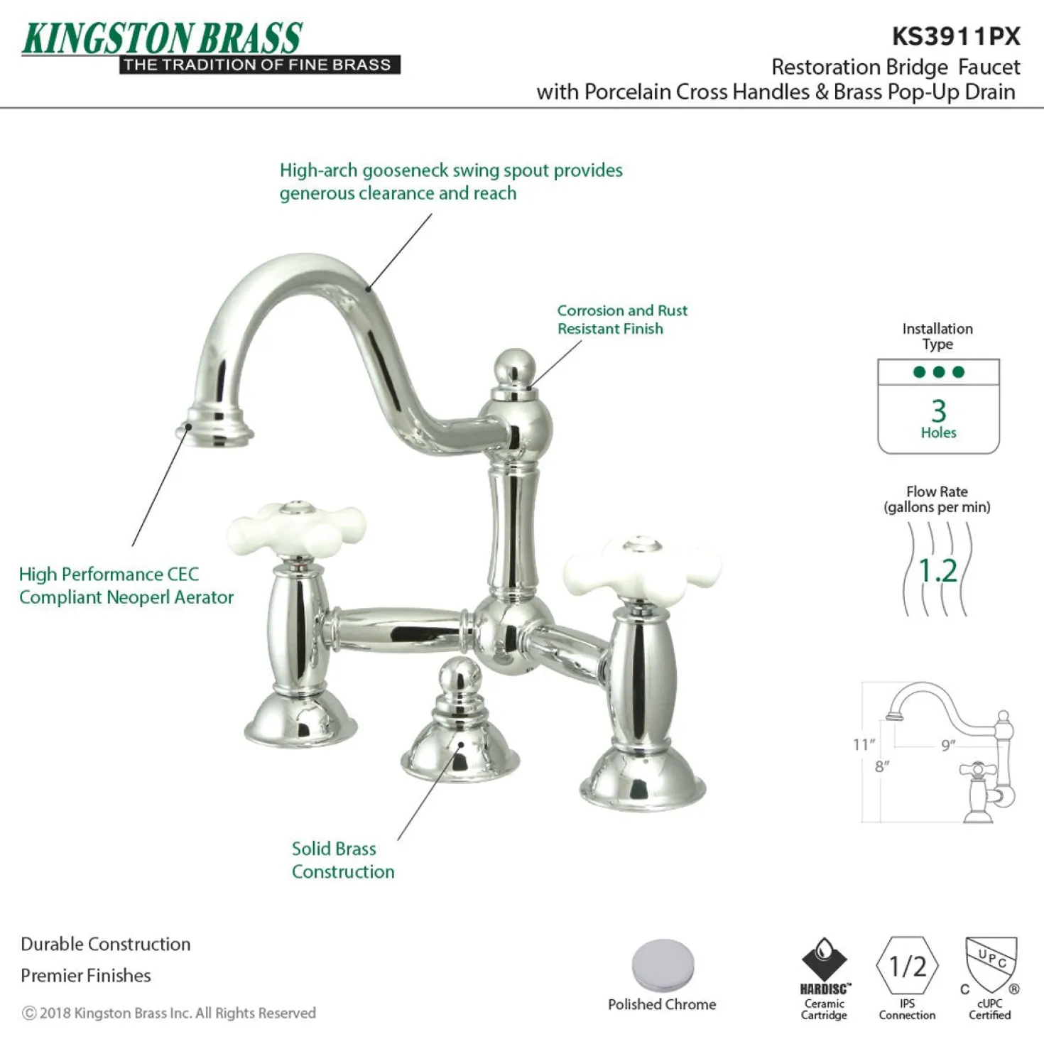 Kingston Brass Restoration Cross-Handle Bathroom Bridge Faucet