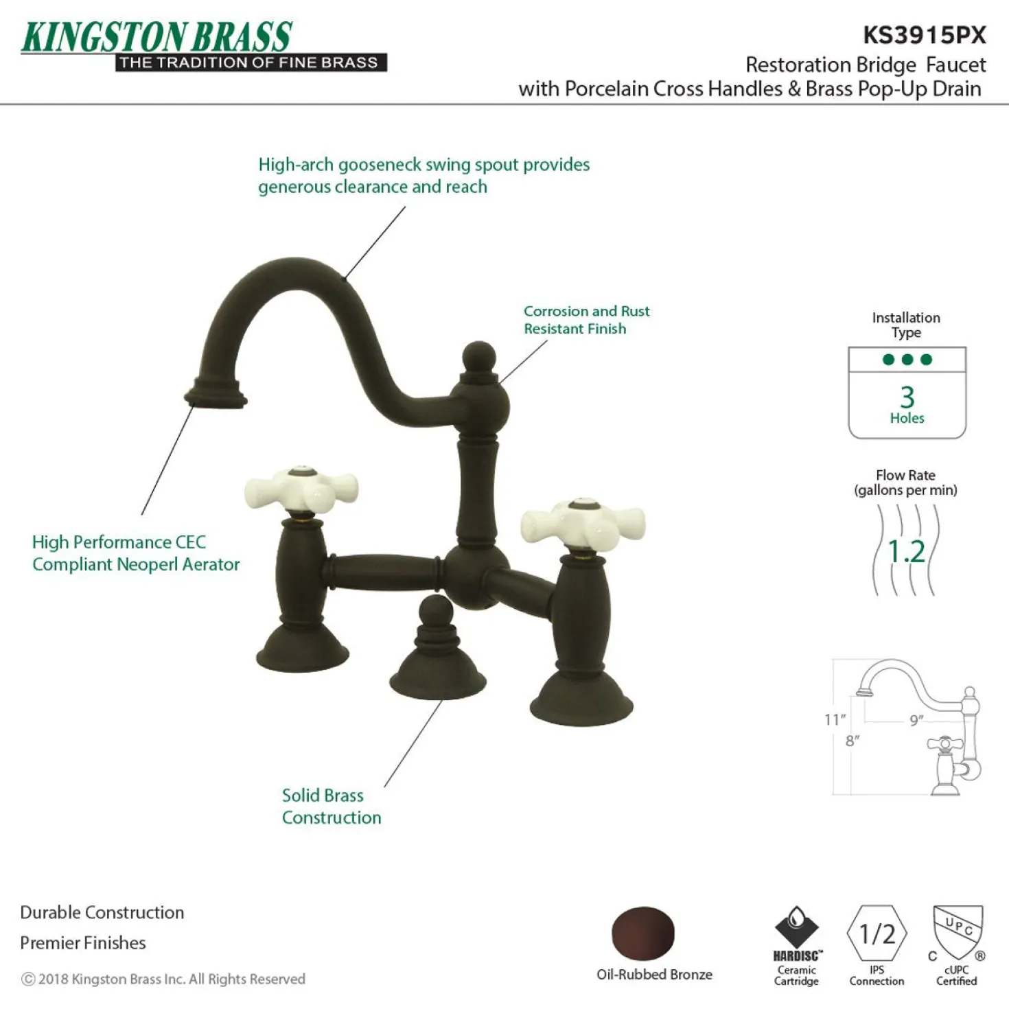 Kingston Brass Restoration Cross-Handle Bathroom Bridge Faucet