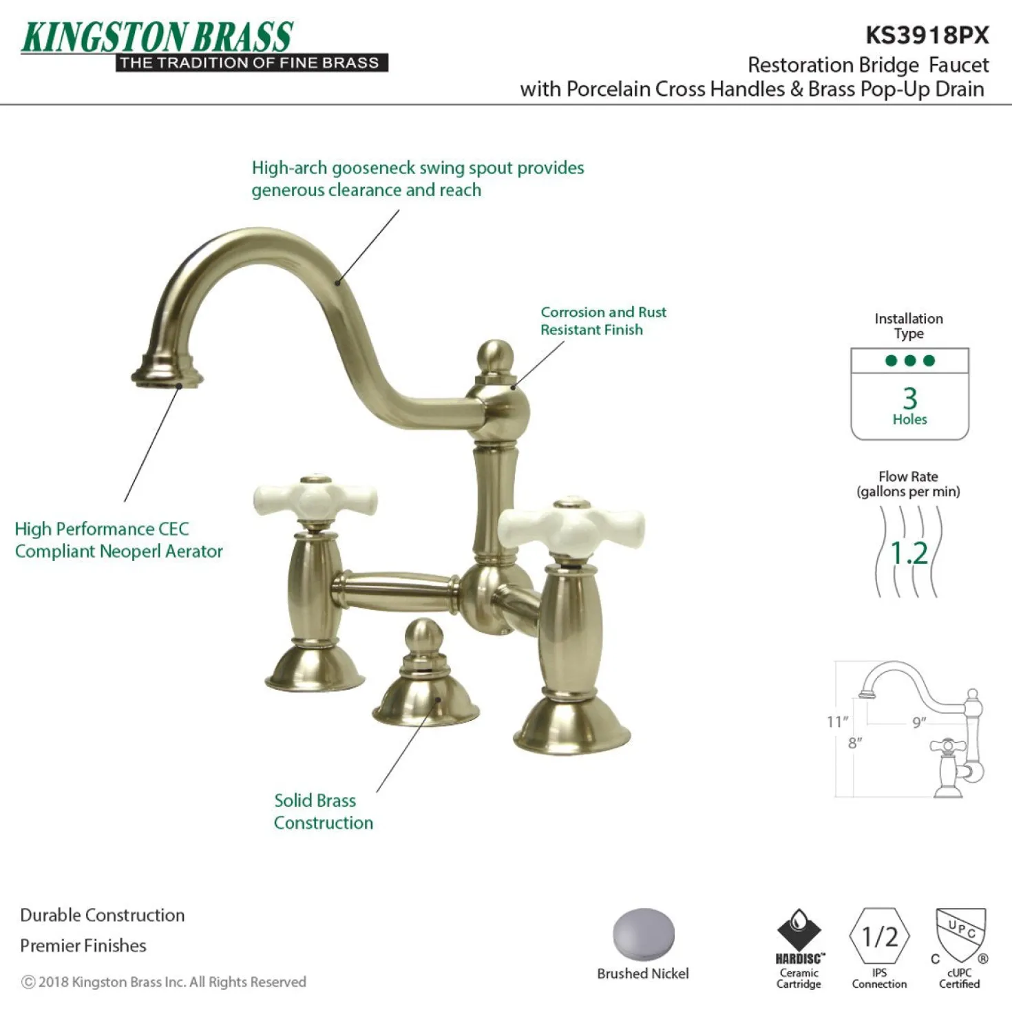 Kingston Brass Restoration Cross-Handle Bathroom Bridge Faucet