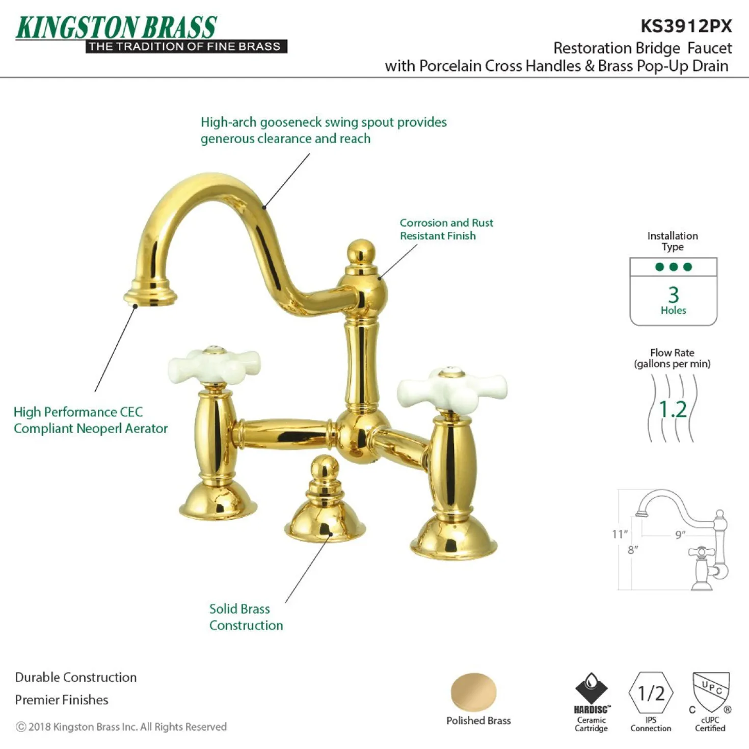 Kingston Brass Restoration Cross-Handle Bathroom Bridge Faucet