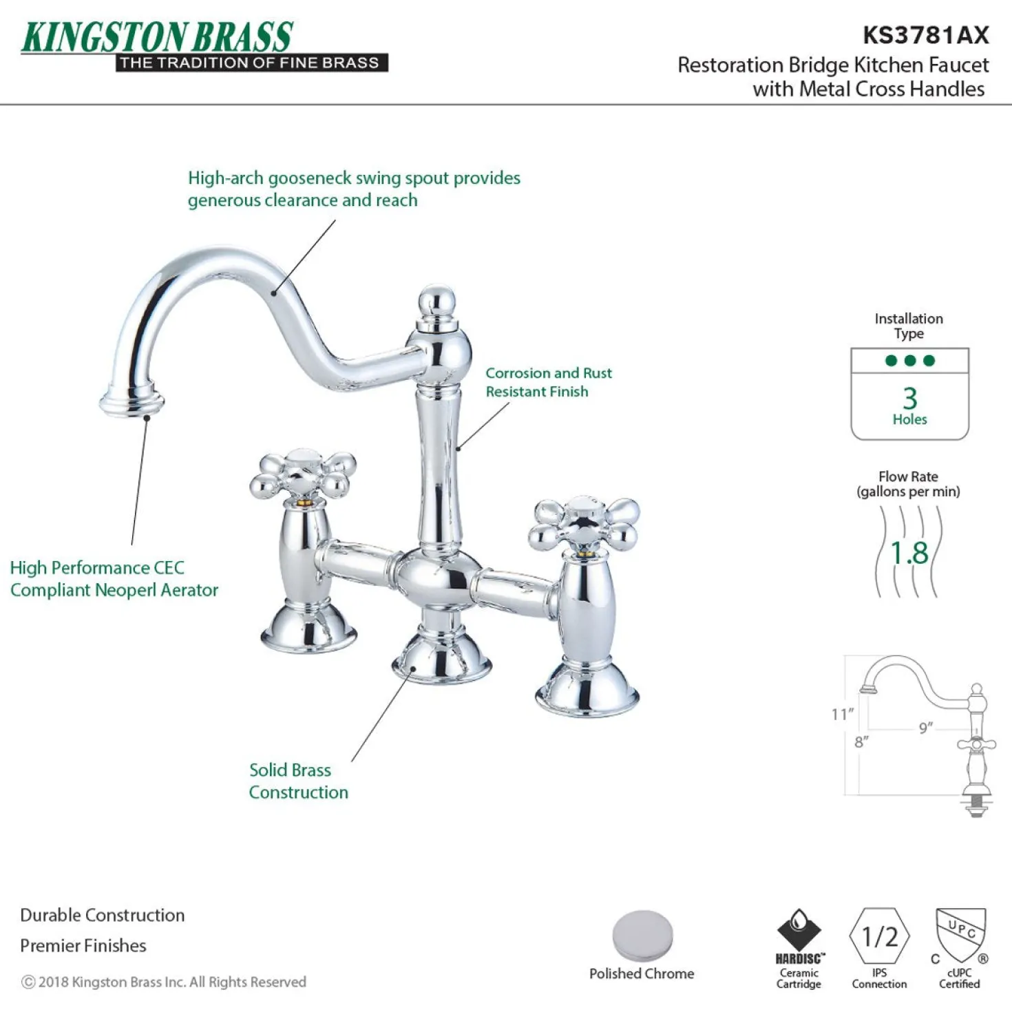 Kingston Brass Restoration Deck Mount Kitchen Bridge Faucet