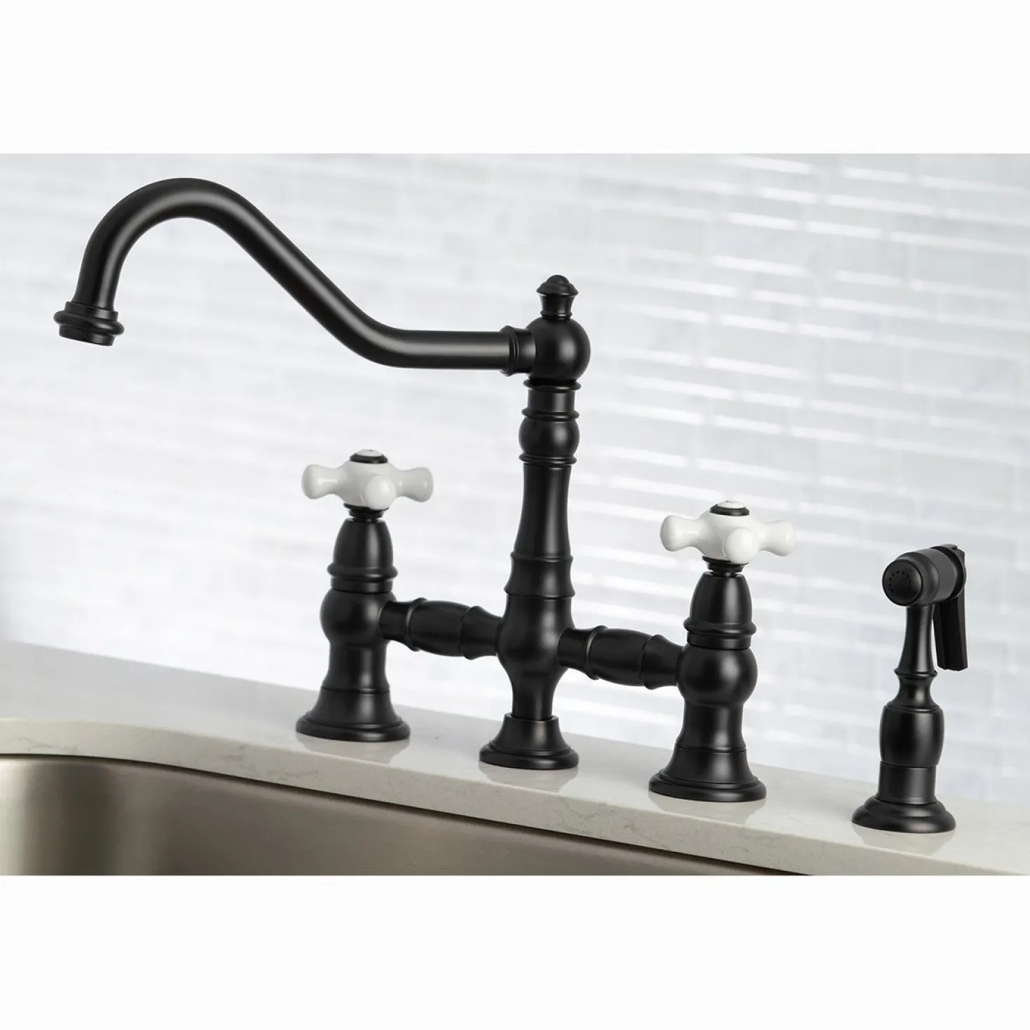 Kingston Brass Restoration Deck Mount 8" Bridge Kitchen Faucet with Sprayer
