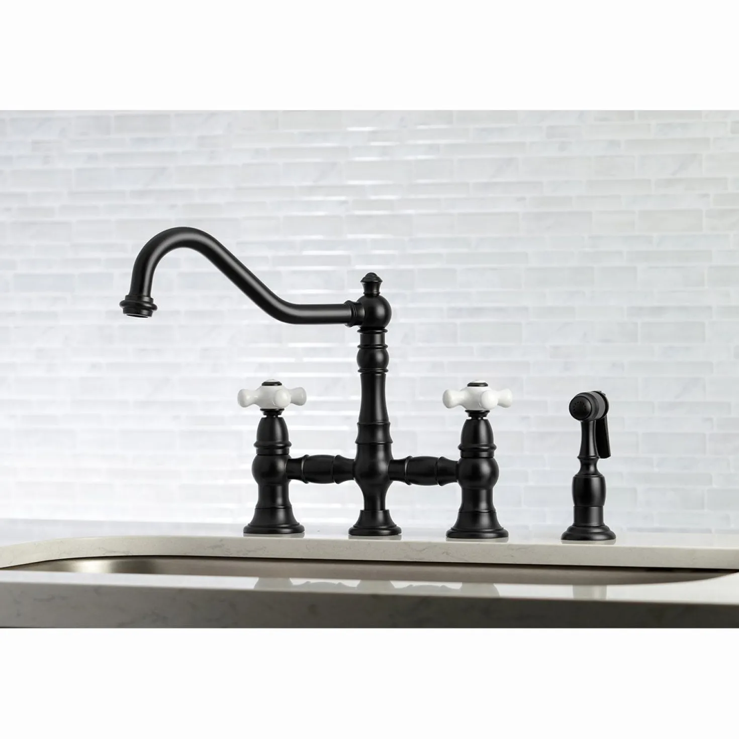Kingston Brass Restoration Deck Mount 8" Bridge Kitchen Faucet with Sprayer