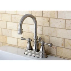 Kingston Brass Restoration Deck Mount 4-Inch Centerset Bathroom Faucet with Brass Pop-Up