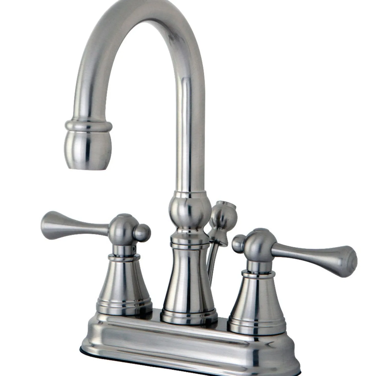 Kingston Brass Restoration Deck Mount 4-Inch Centerset Bathroom Faucet with Brass Pop-Up