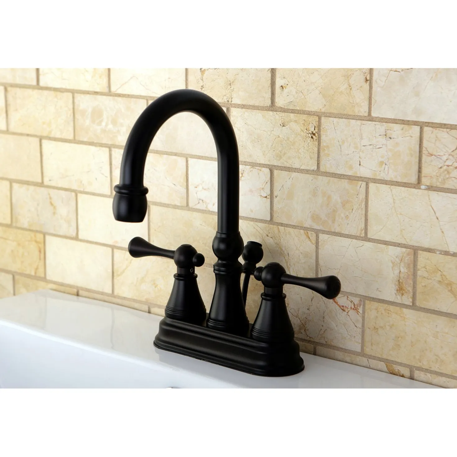 Kingston Brass Restoration Deck Mount 4-Inch Centerset Bathroom Faucet with Brass Pop-Up