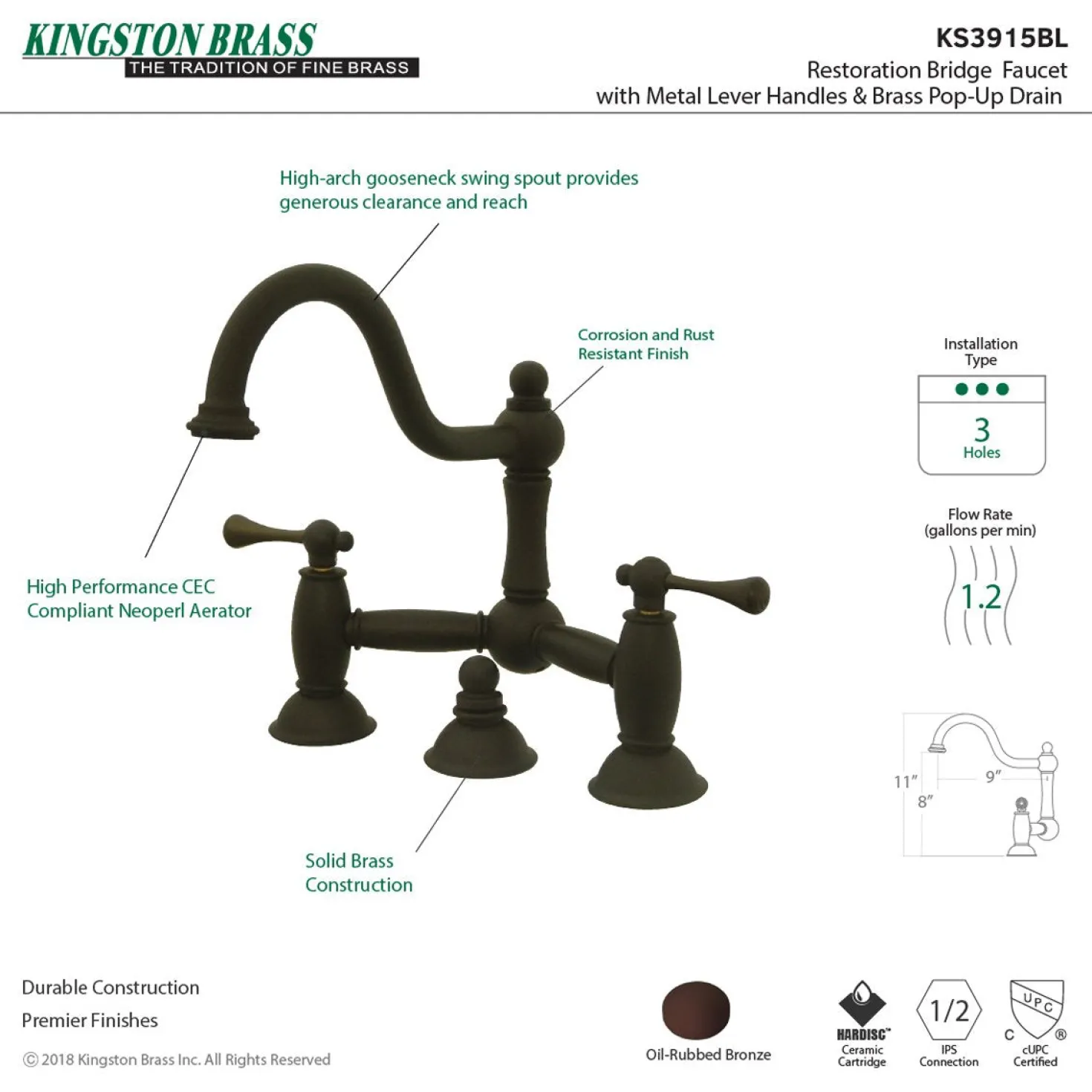 Kingston Brass Restoration Deck Mount Bathroom Bridge Faucet