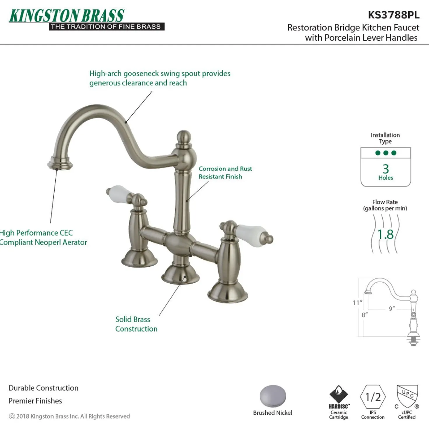 Kingston Brass Restoration 2-Handle Kitchen Bridge Faucet