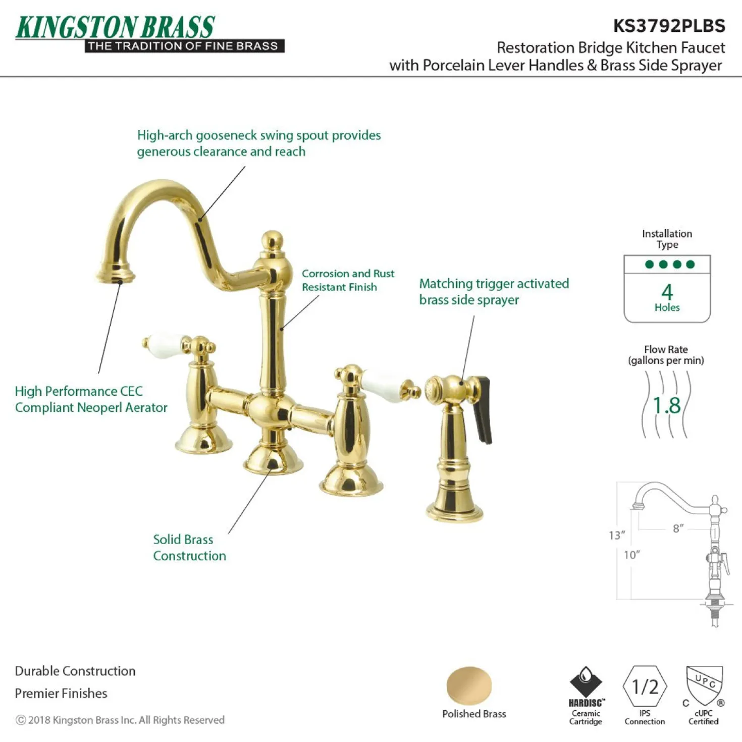 Kingston Brass Restoration 2-Handle Kitchen Bridge Faucet with Brass Sprayer