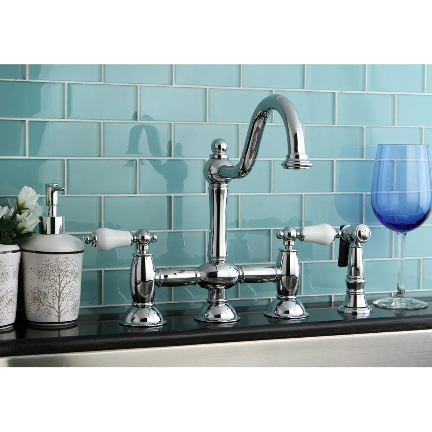 Kingston Brass Restoration 2-Handle Kitchen Bridge Faucet with Brass Sprayer