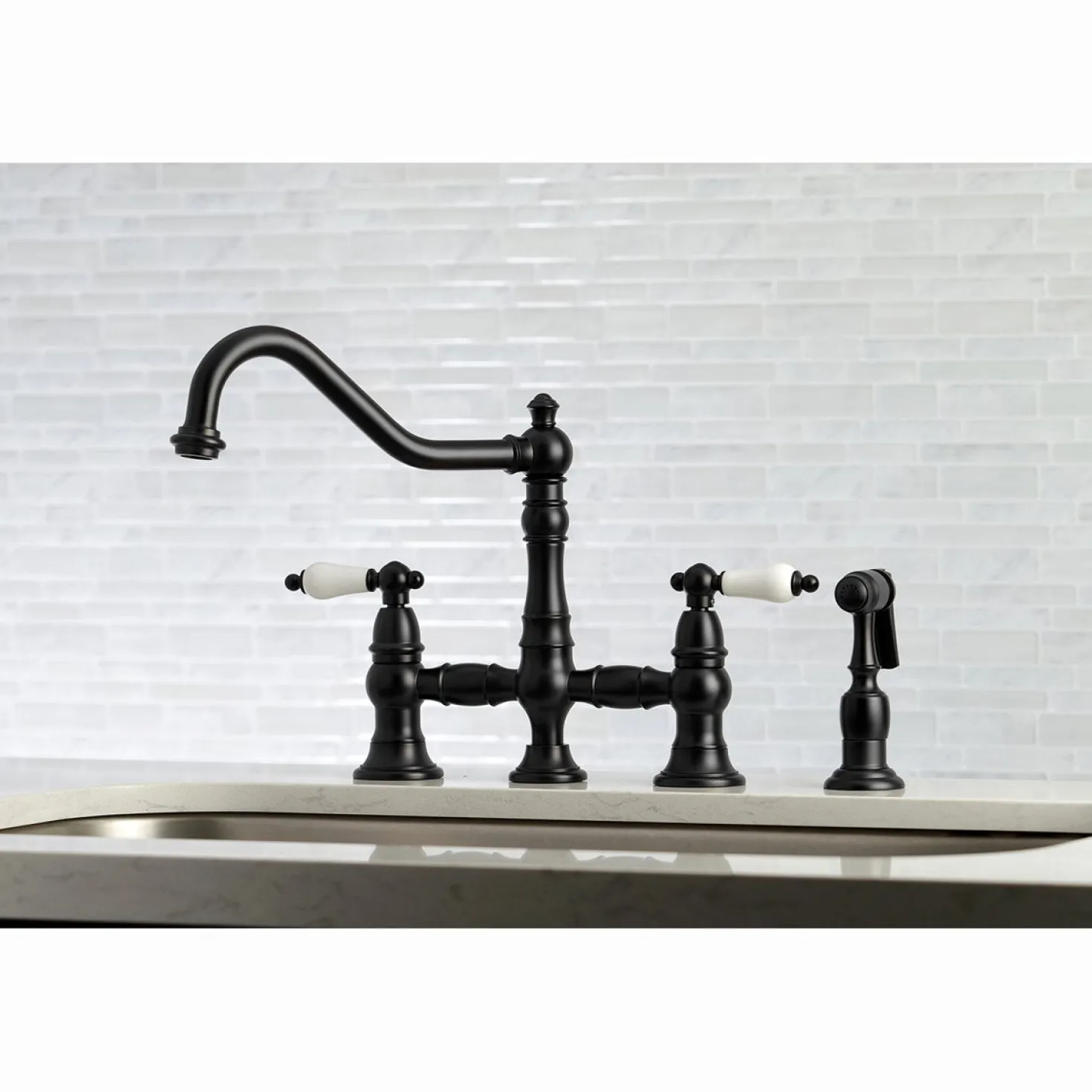 Kingston Brass Restoration 8-Inch Bridge Kitchen Faucet with Sprayer