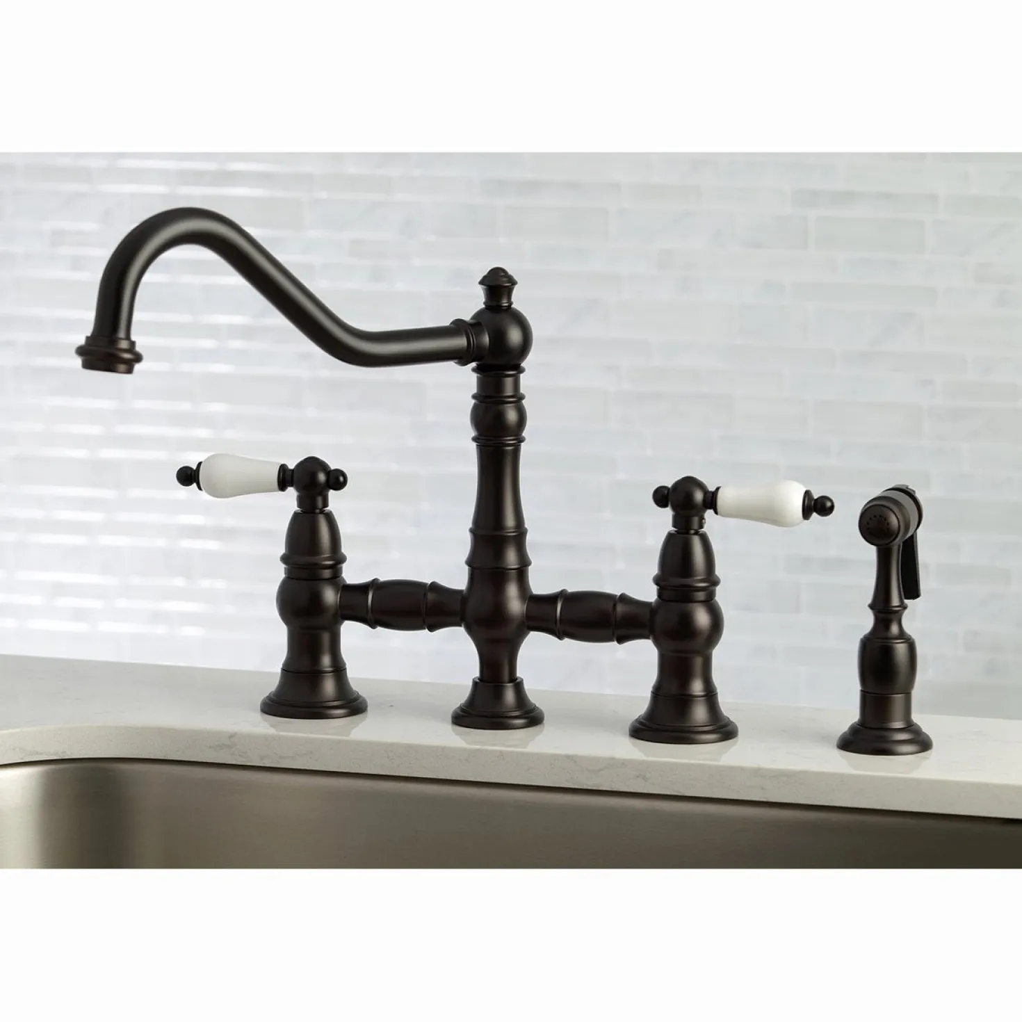Kingston Brass Restoration 8-Inch Bridge Kitchen Faucet with Sprayer