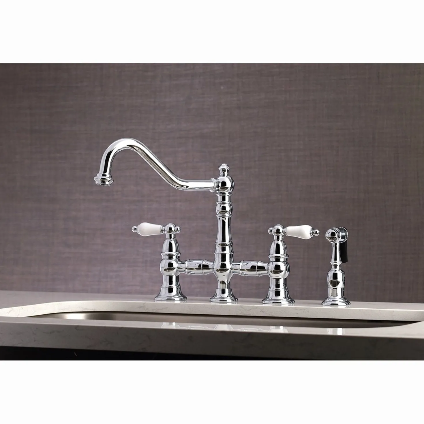 Kingston Brass Restoration 8-Inch Bridge Kitchen Faucet with Sprayer