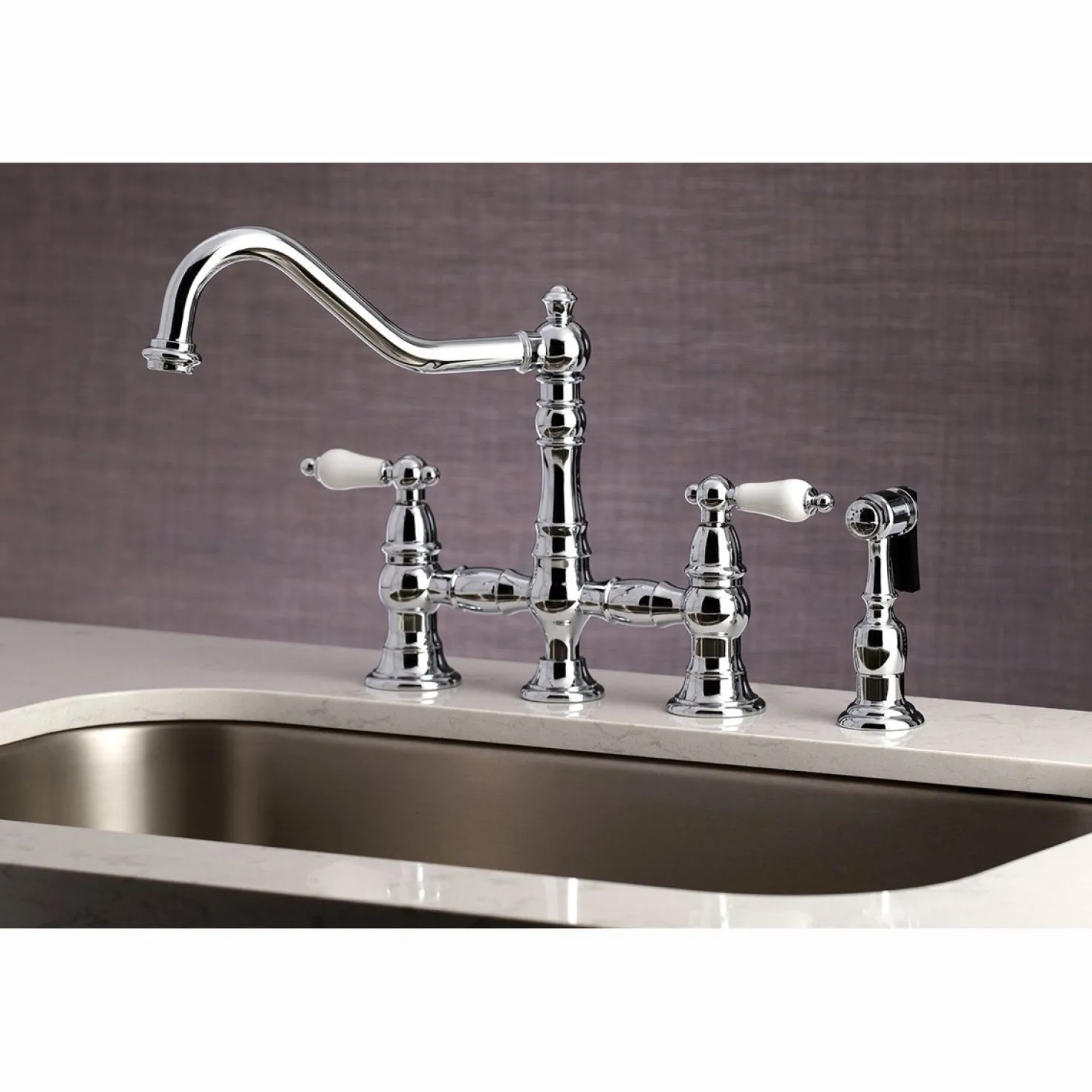 Kingston Brass Restoration 8-Inch Bridge Kitchen Faucet with Sprayer
