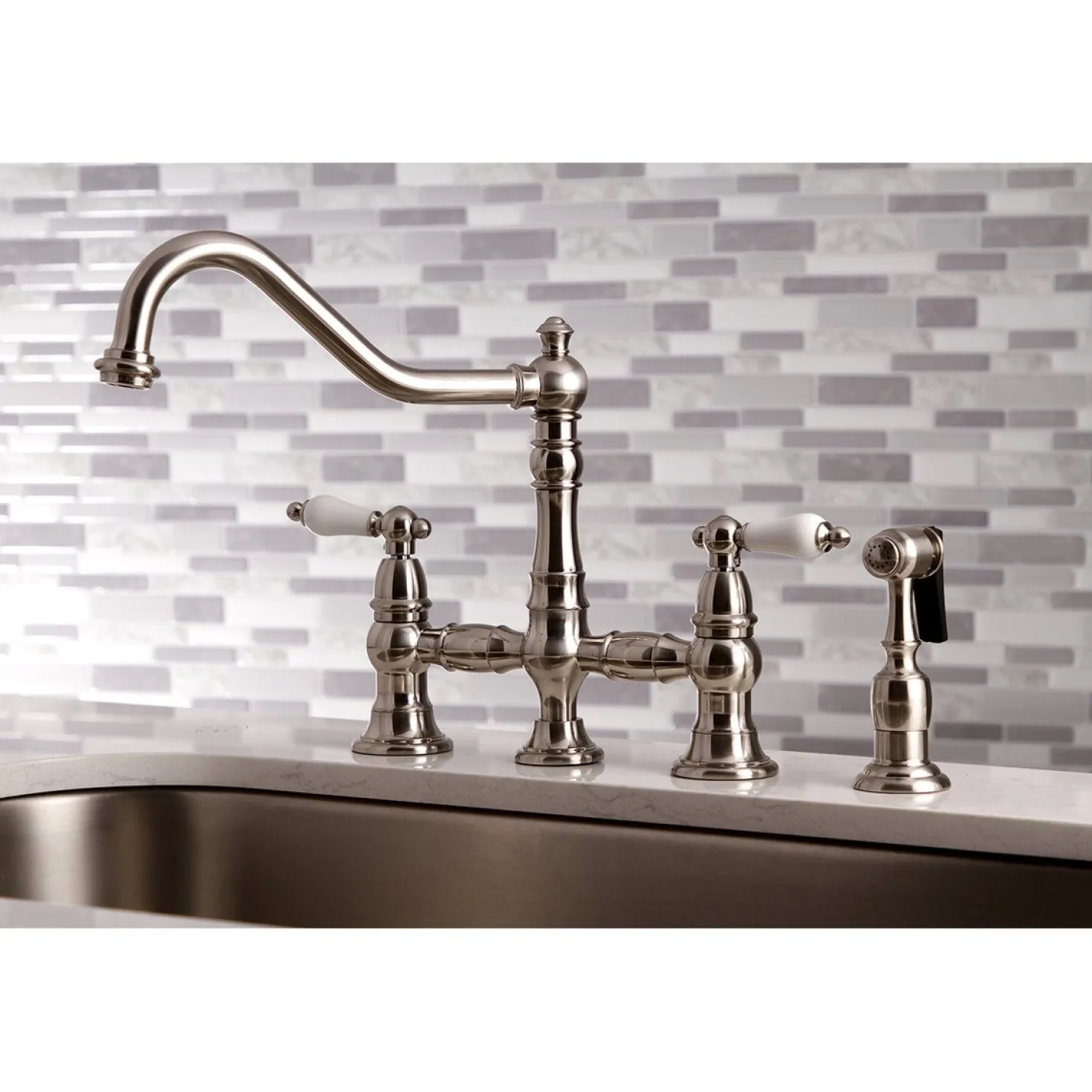 Kingston Brass Restoration 8-Inch Bridge Kitchen Faucet with Sprayer