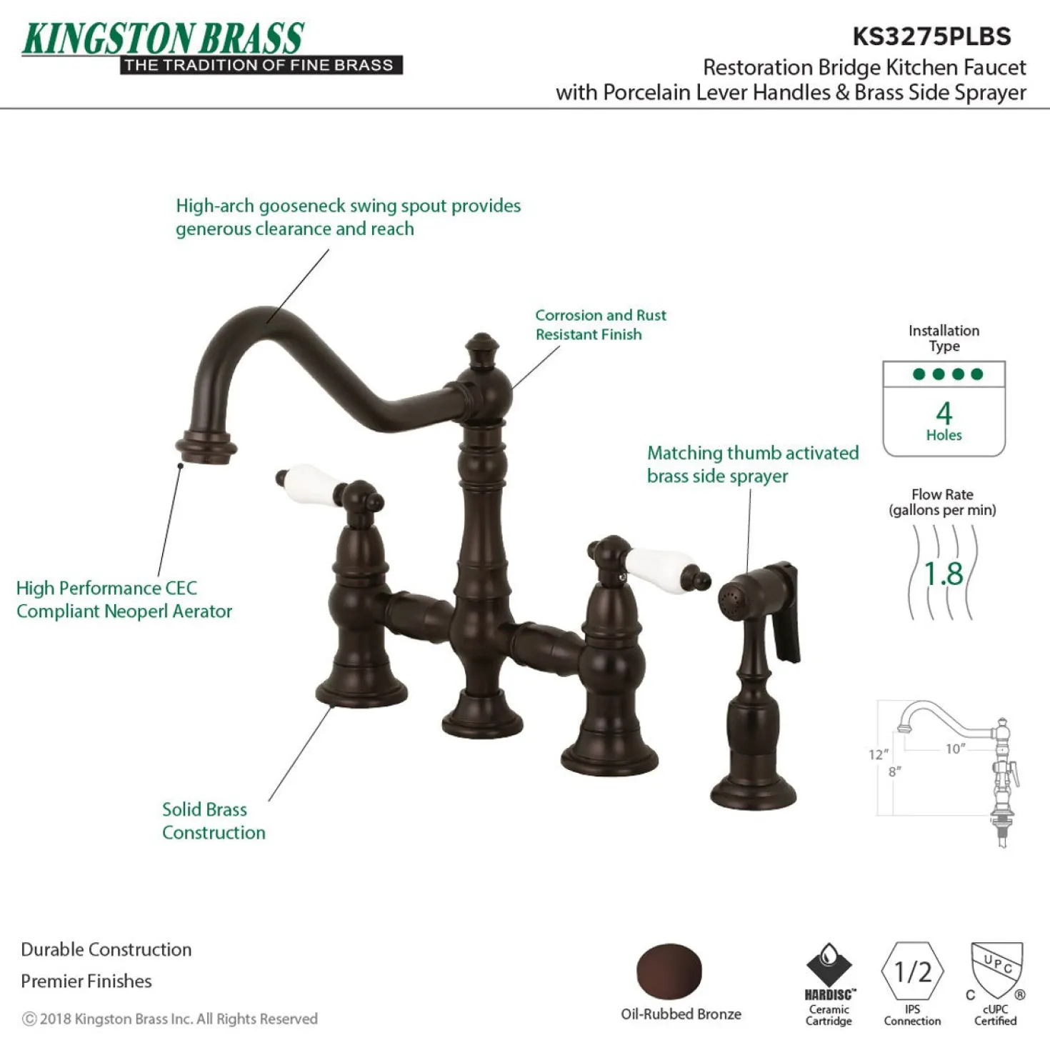 Kingston Brass Restoration 8-Inch Bridge Kitchen Faucet with Sprayer