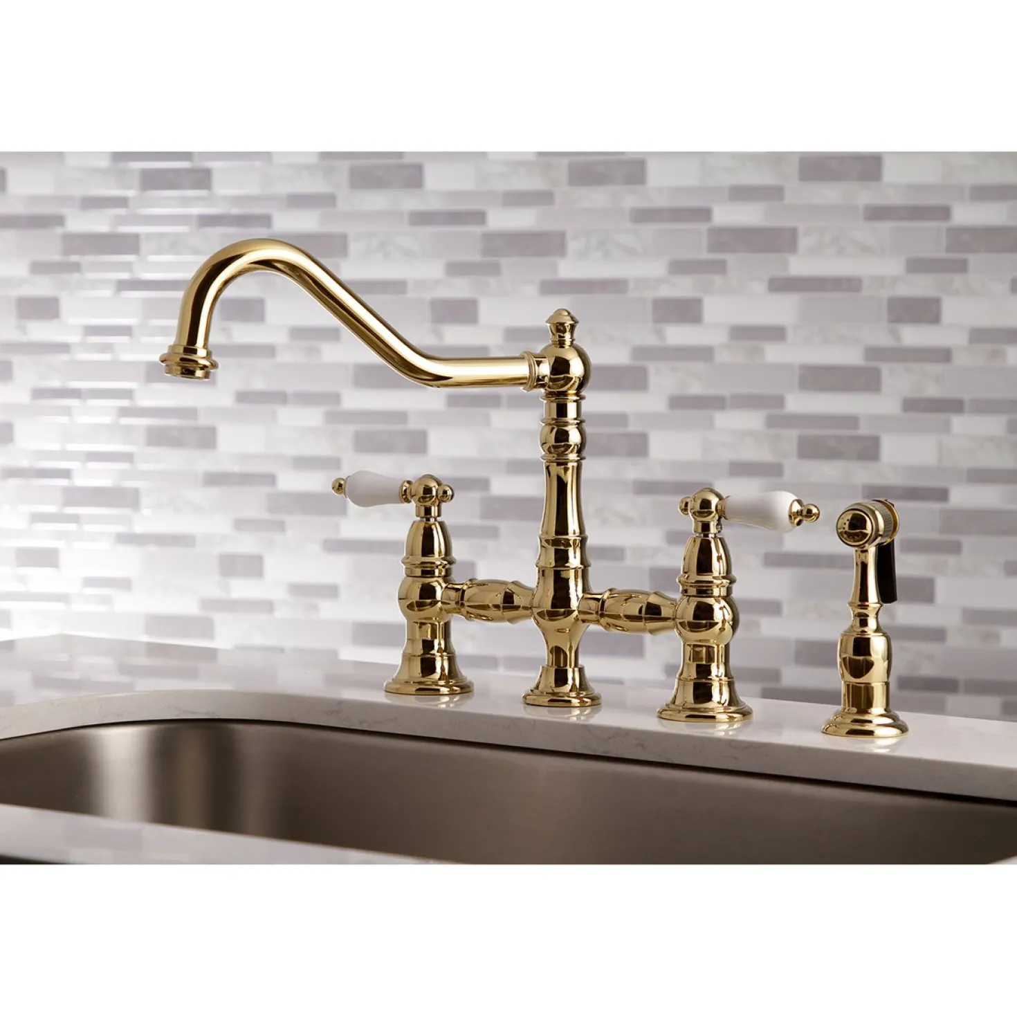 Kingston Brass Restoration 8-Inch Bridge Kitchen Faucet with Sprayer
