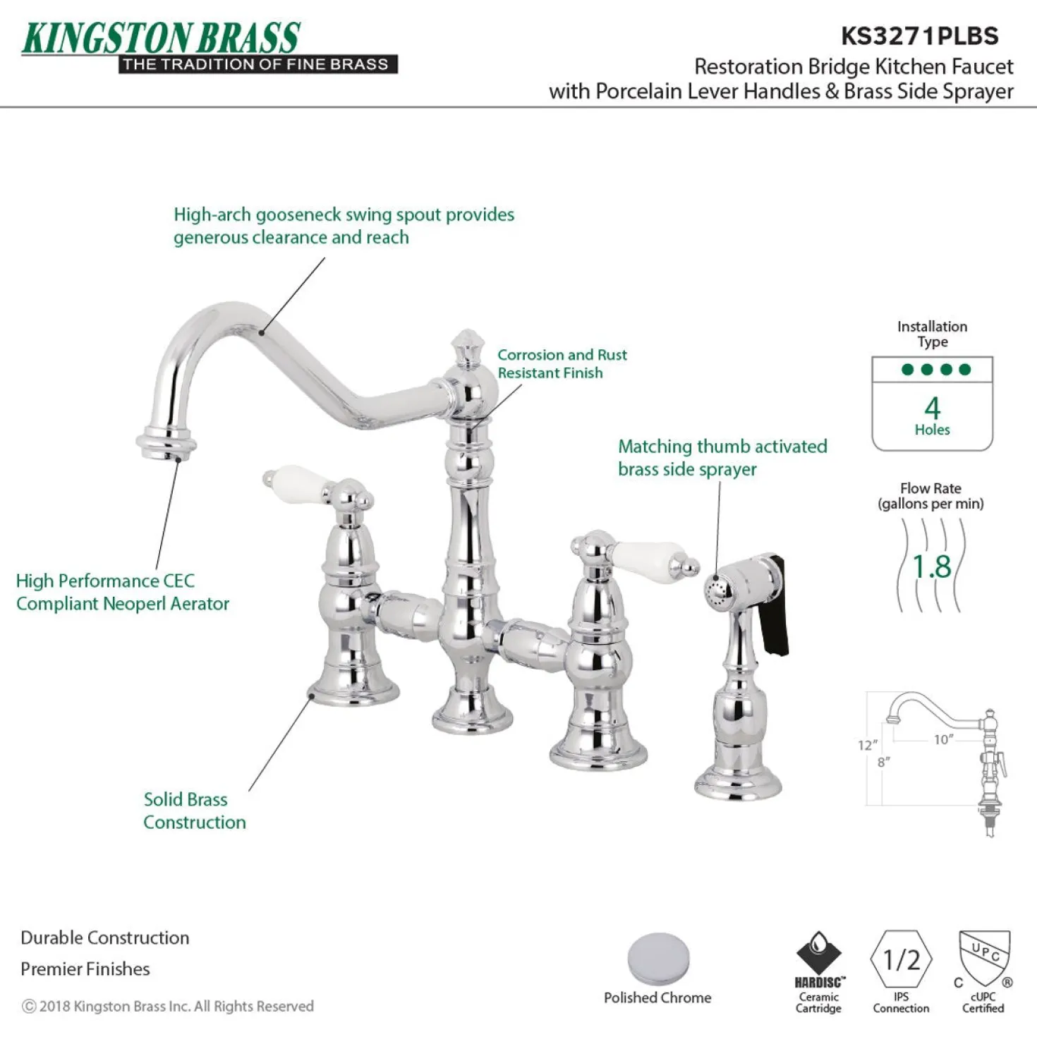 Kingston Brass Restoration 8-Inch Bridge Kitchen Faucet with Sprayer