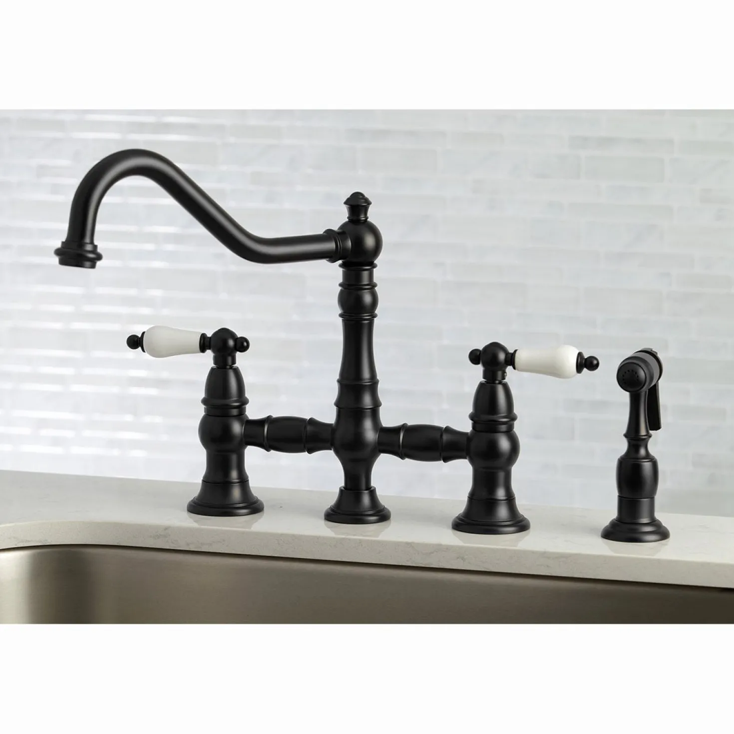 Kingston Brass Restoration 8-Inch Bridge Kitchen Faucet with Sprayer
