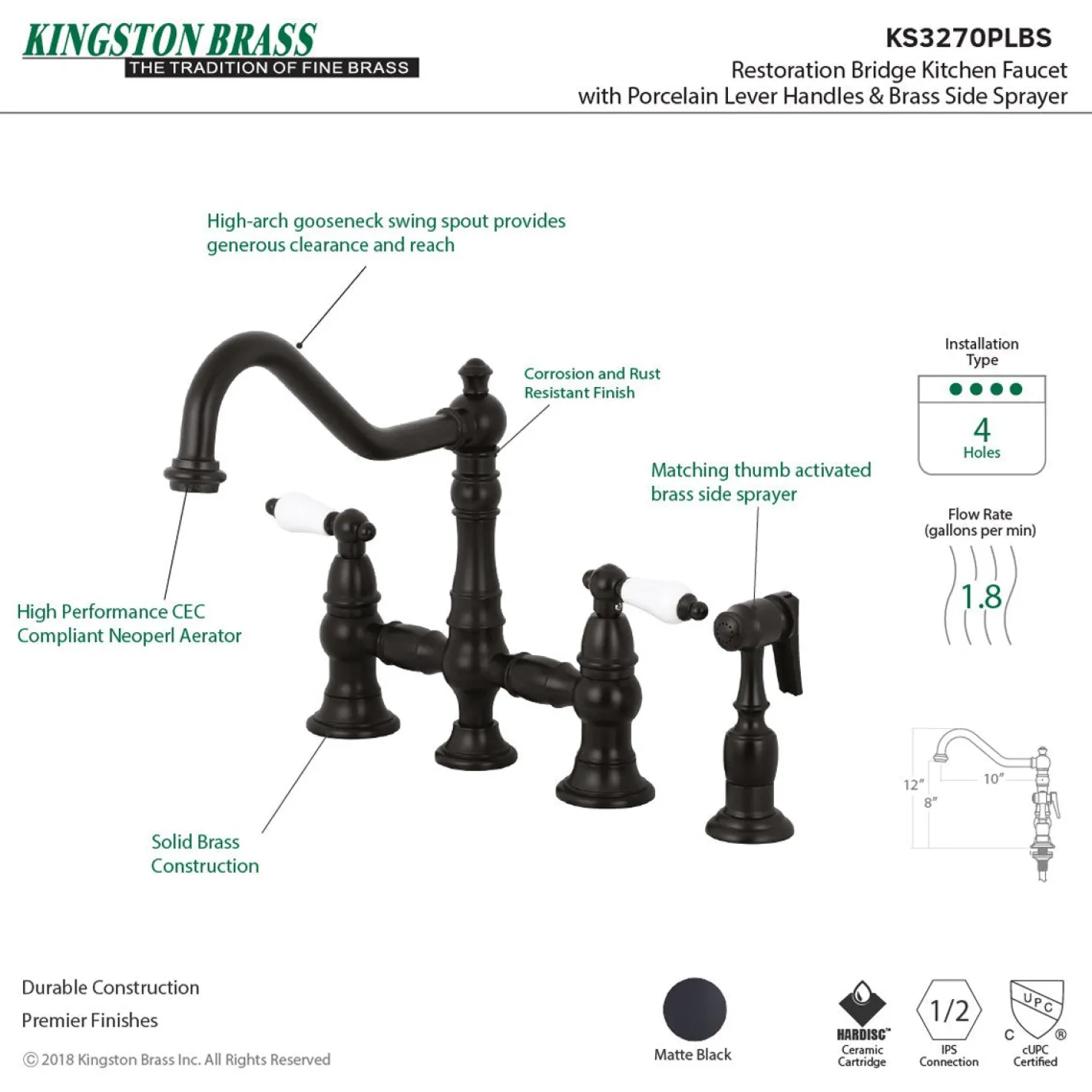 Kingston Brass Restoration 8-Inch Bridge Kitchen Faucet with Sprayer