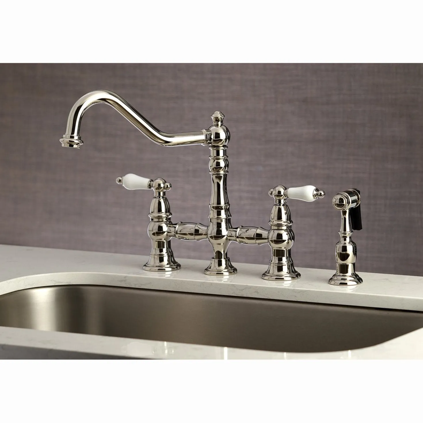 Kingston Brass Restoration 8-Inch Bridge Kitchen Faucet with Sprayer