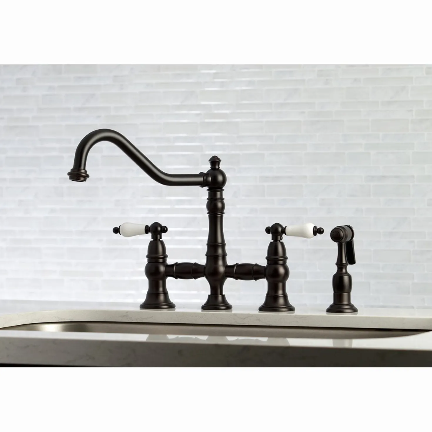 Kingston Brass Restoration 8-Inch Bridge Kitchen Faucet with Sprayer
