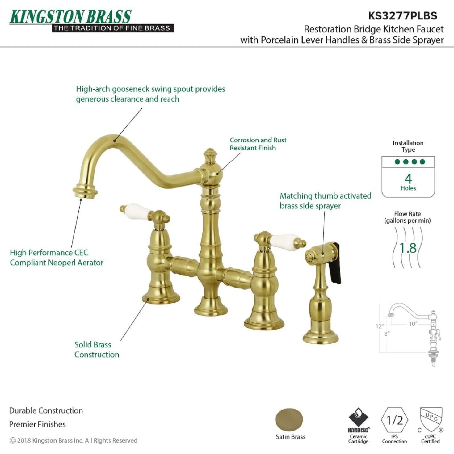 Kingston Brass Restoration 8-Inch Bridge Kitchen Faucet with Sprayer