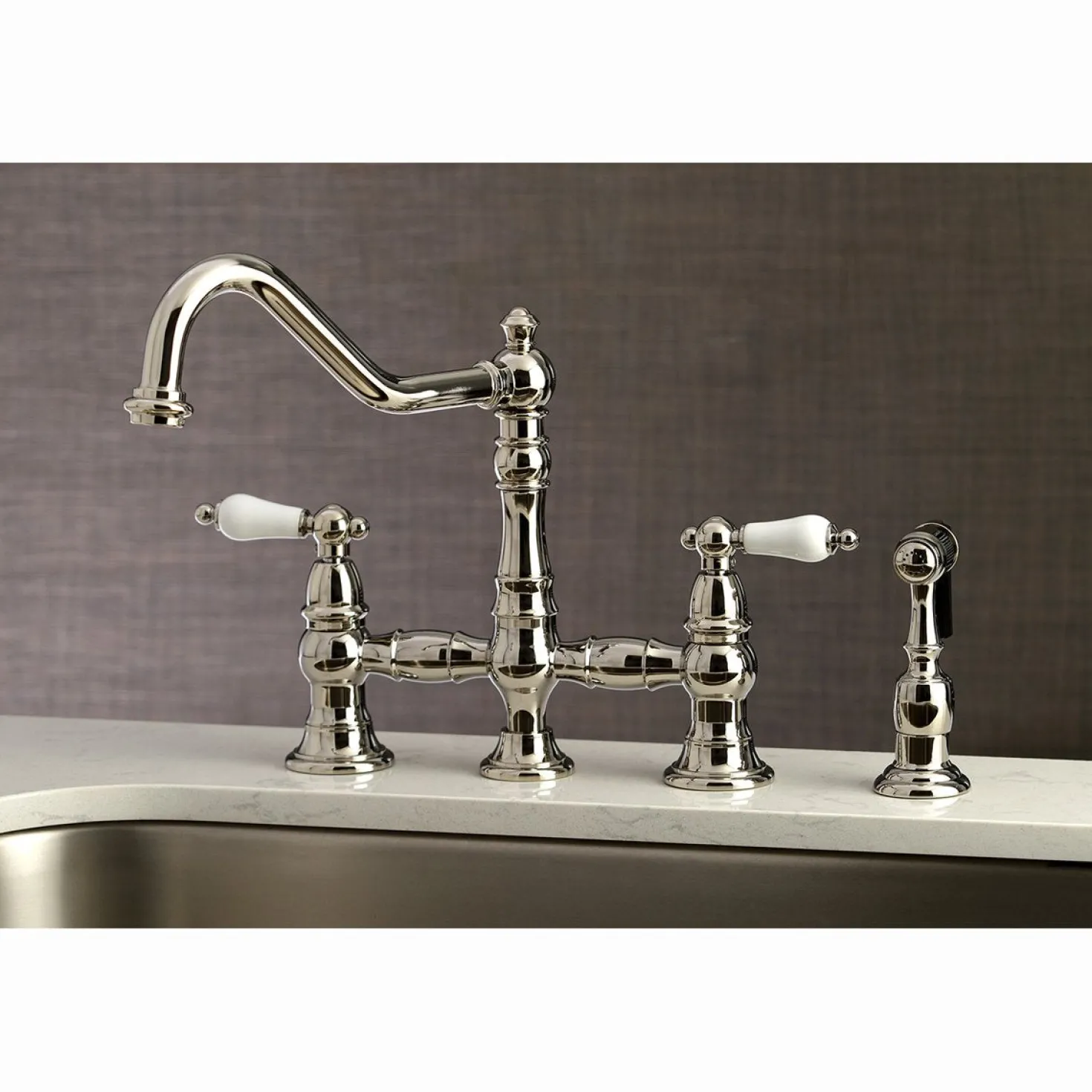 Kingston Brass Restoration 8-Inch Bridge Kitchen Faucet with Sprayer